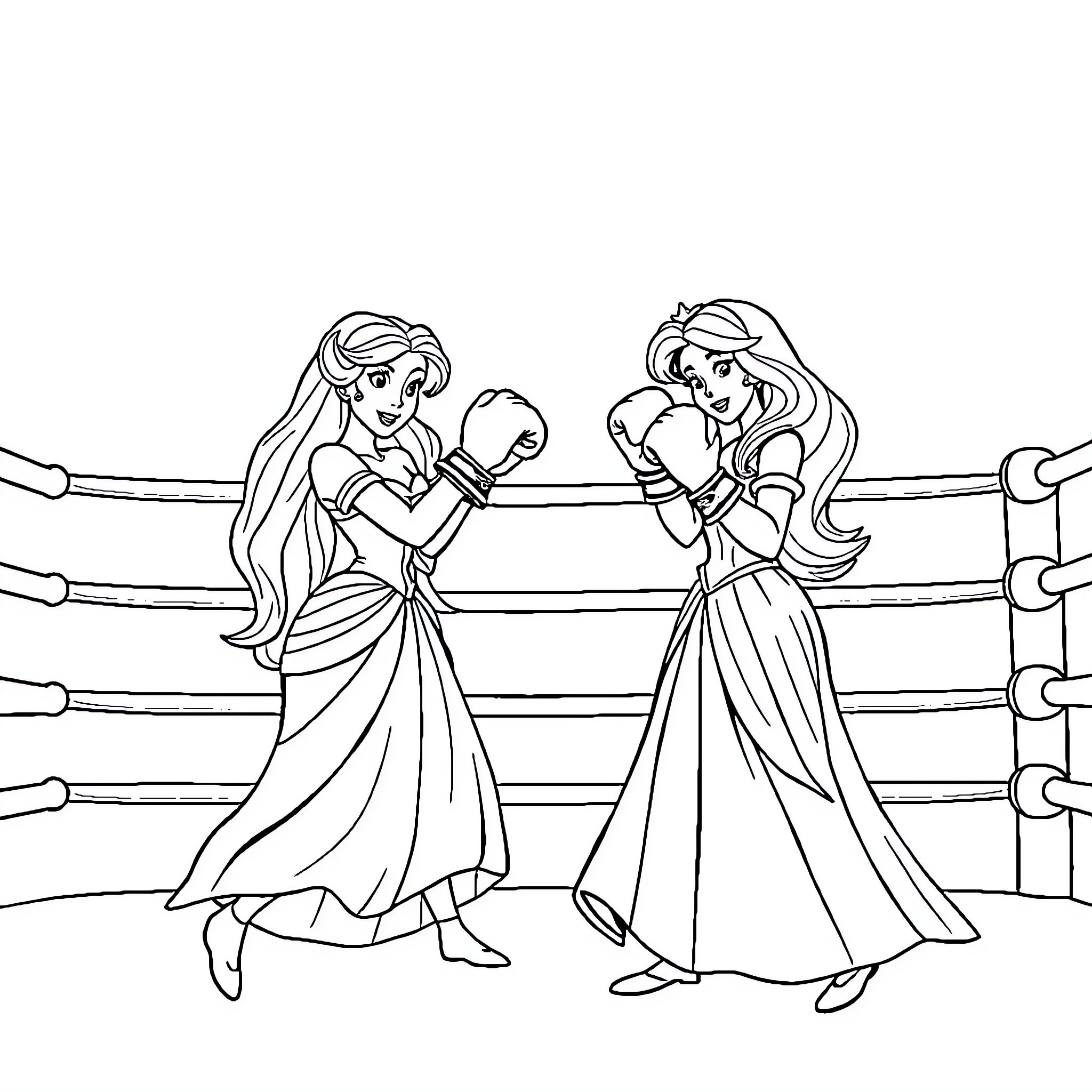 Princess Ballerinas Dancing on Stage Coloring Page (free black-and-white line drawing printable PDF for all, from beginners to advanced learners, including children, teens, adults, and seniors)