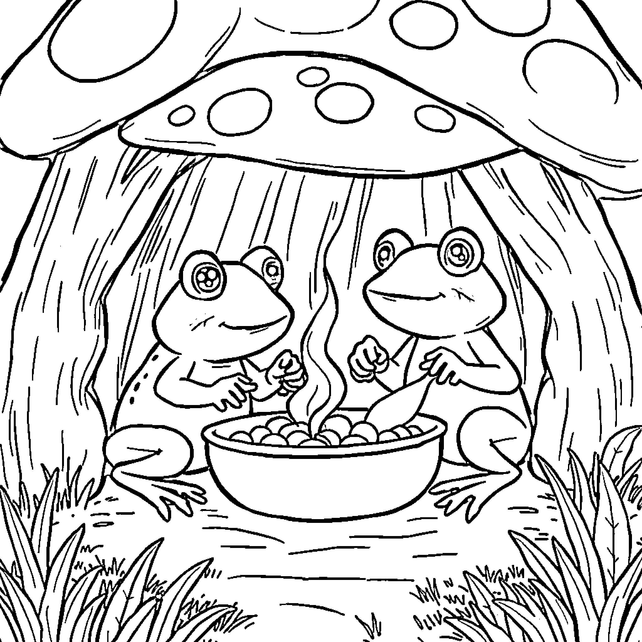 Frogs sitting under mushroom shelter Coloring Page (free black-and-white line drawing printable PDF for all, from beginners to advanced learners, including children, teens, adults, and seniors)