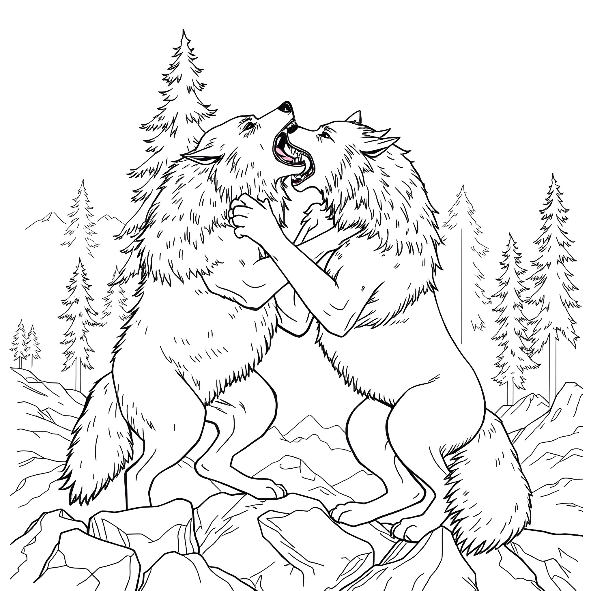 Wolf pair howling in the forest Coloring Page (free black-and-white line drawing printable PDF for all, from beginners to advanced learners, including children, teens, adults, and seniors)