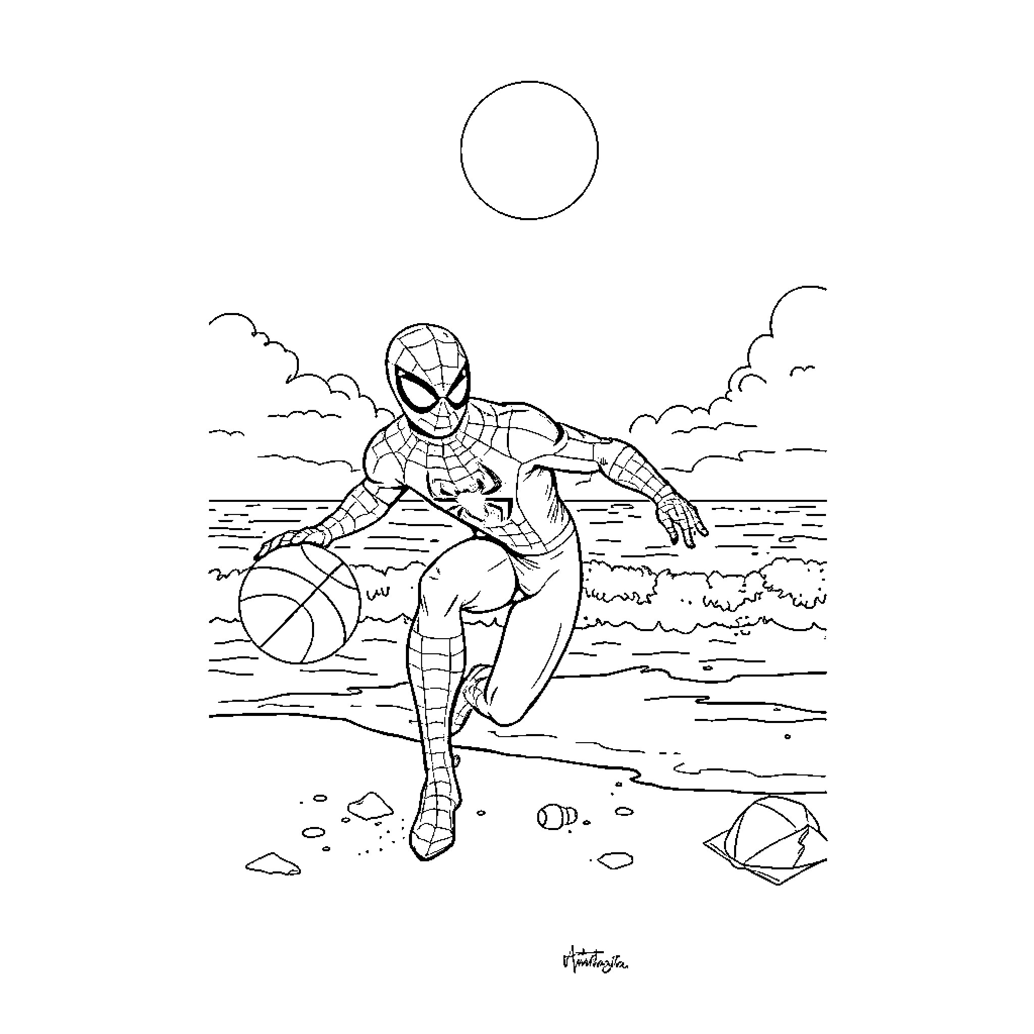 Spider-Man swinging into action on the beach Coloring Page (free black-and-white line drawing printable PDF for all, from beginners to advanced learners, including children, teens, adults, and seniors)