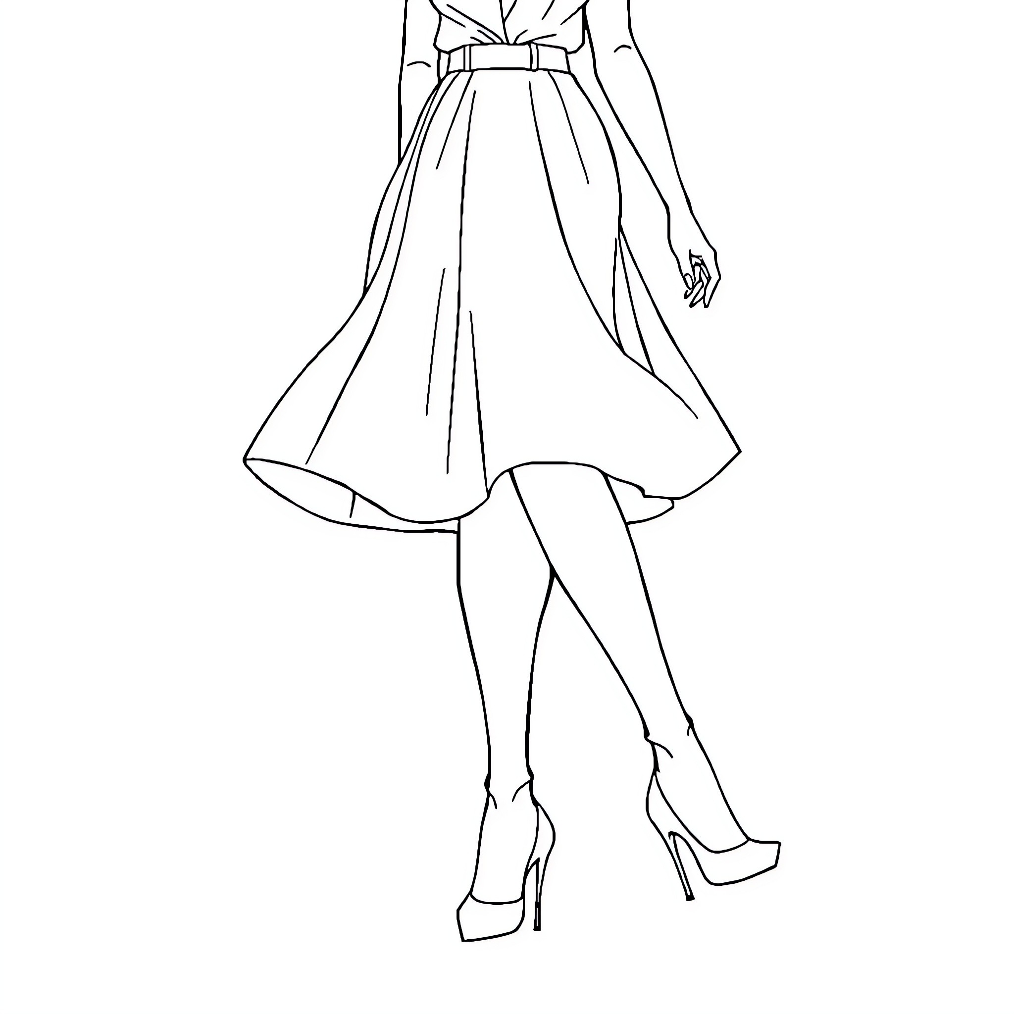 Woman in elegant dress posing confidently Coloring Page (free black-and-white line drawing printable PDF for all, from beginners to advanced learners, including children, teens, adults, and seniors)