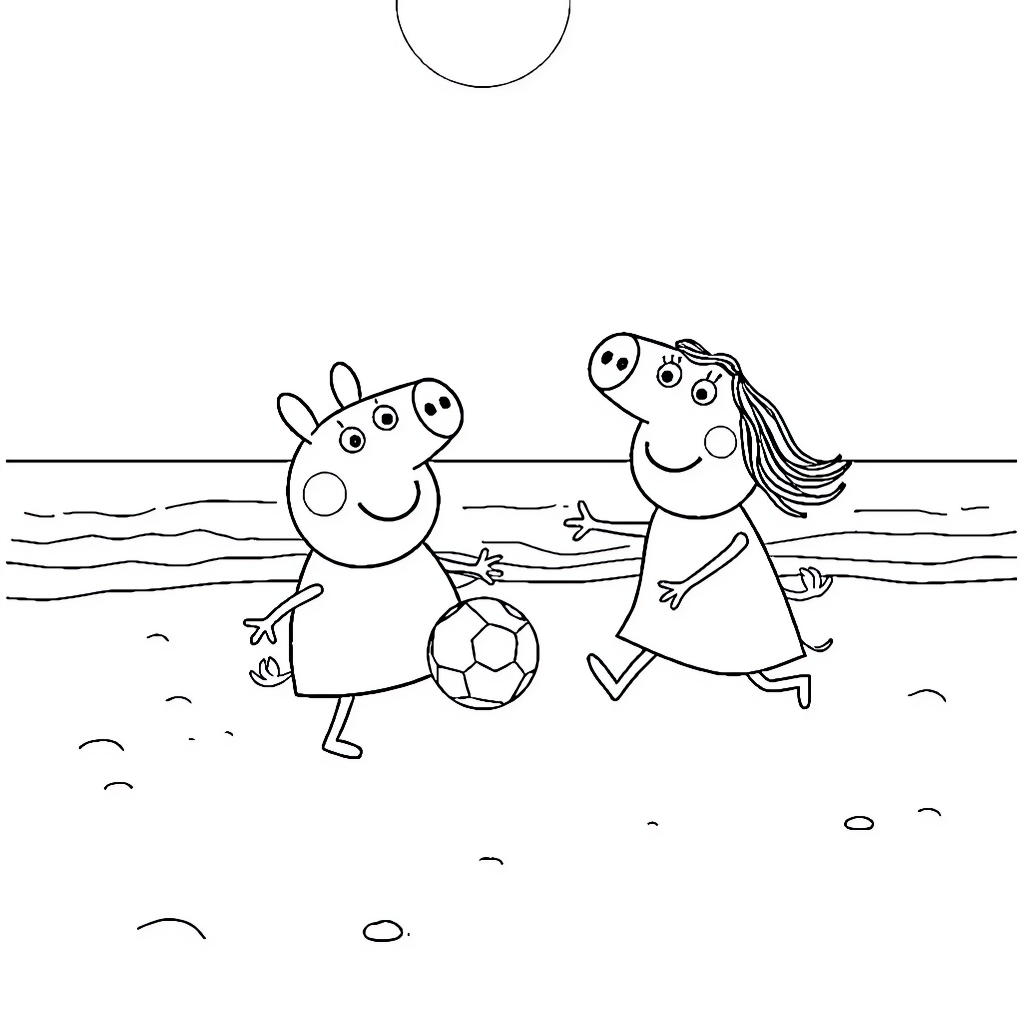 Peppa Pig playing soccer with friends Coloring Page (free black-and-white line drawing printable PDF for all, from beginners to advanced learners, including children, teens, adults, and seniors)