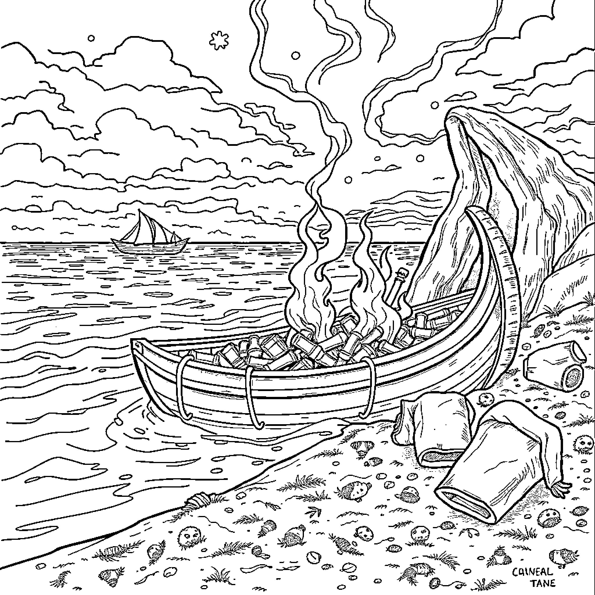 Viking warriors sailing through stormy seas Coloring Page (free black-and-white line drawing printable PDF for all, from beginners to advanced learners, including children, teens, adults, and seniors)