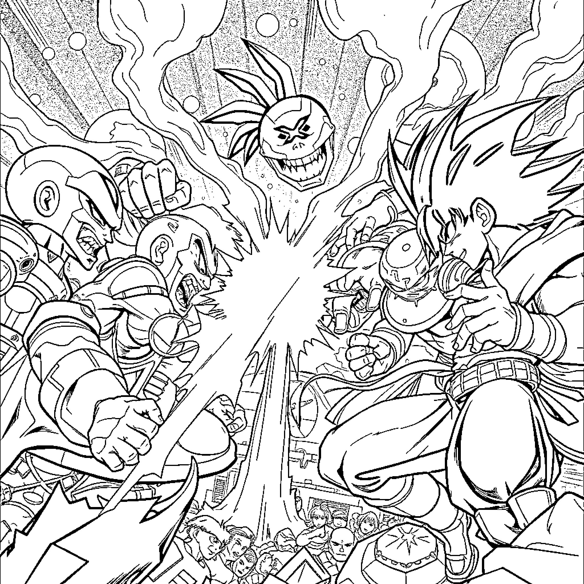 Avengers in Epic Battle against Villainous Foes Coloring Page (free black-and-white line drawing printable PDF for all, from beginners to advanced learners, including children, teens, adults, and seniors)
