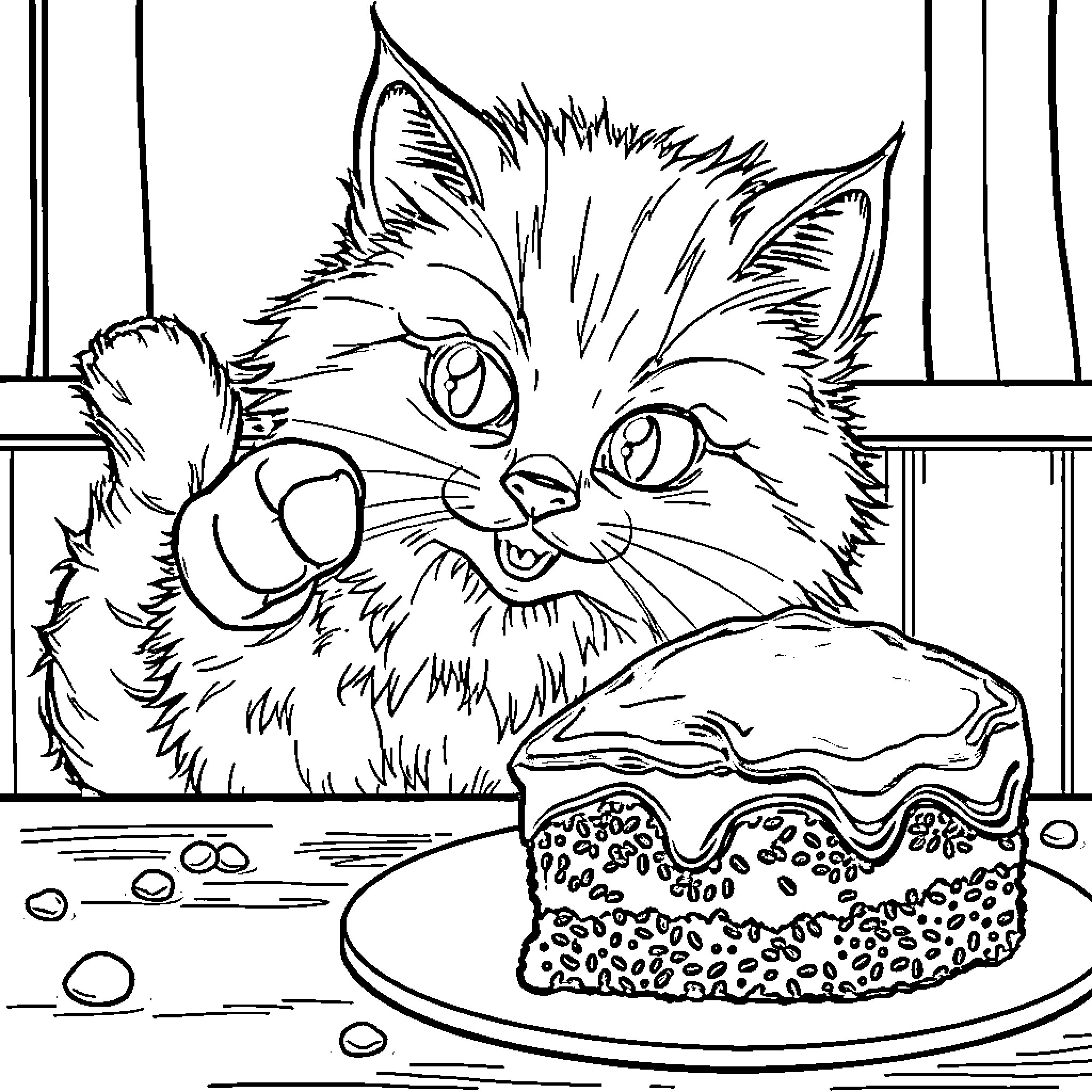Cat Eyeing a Delicious Pastry Coloring Page (free black-and-white line drawing printable PDF for all, from beginners to advanced learners, including children, teens, adults, and seniors)