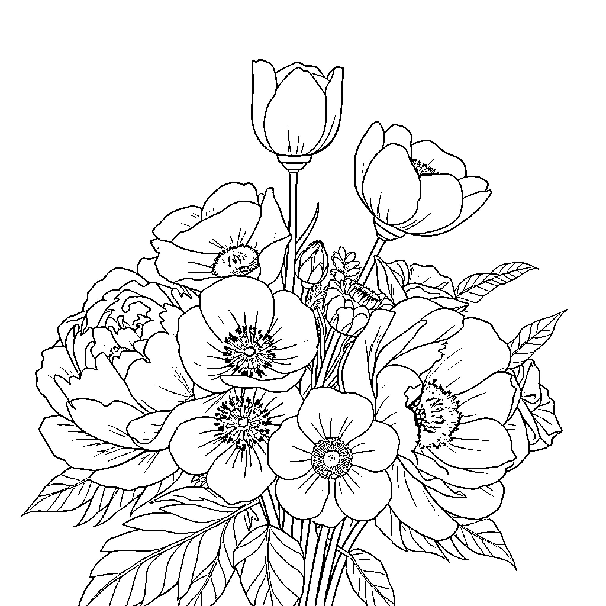 Flower Bouquet of Blooming Floral Arrangement Coloring Page (free black-and-white line drawing printable PDF for all, from beginners to advanced learners, including children, teens, adults, and seniors)