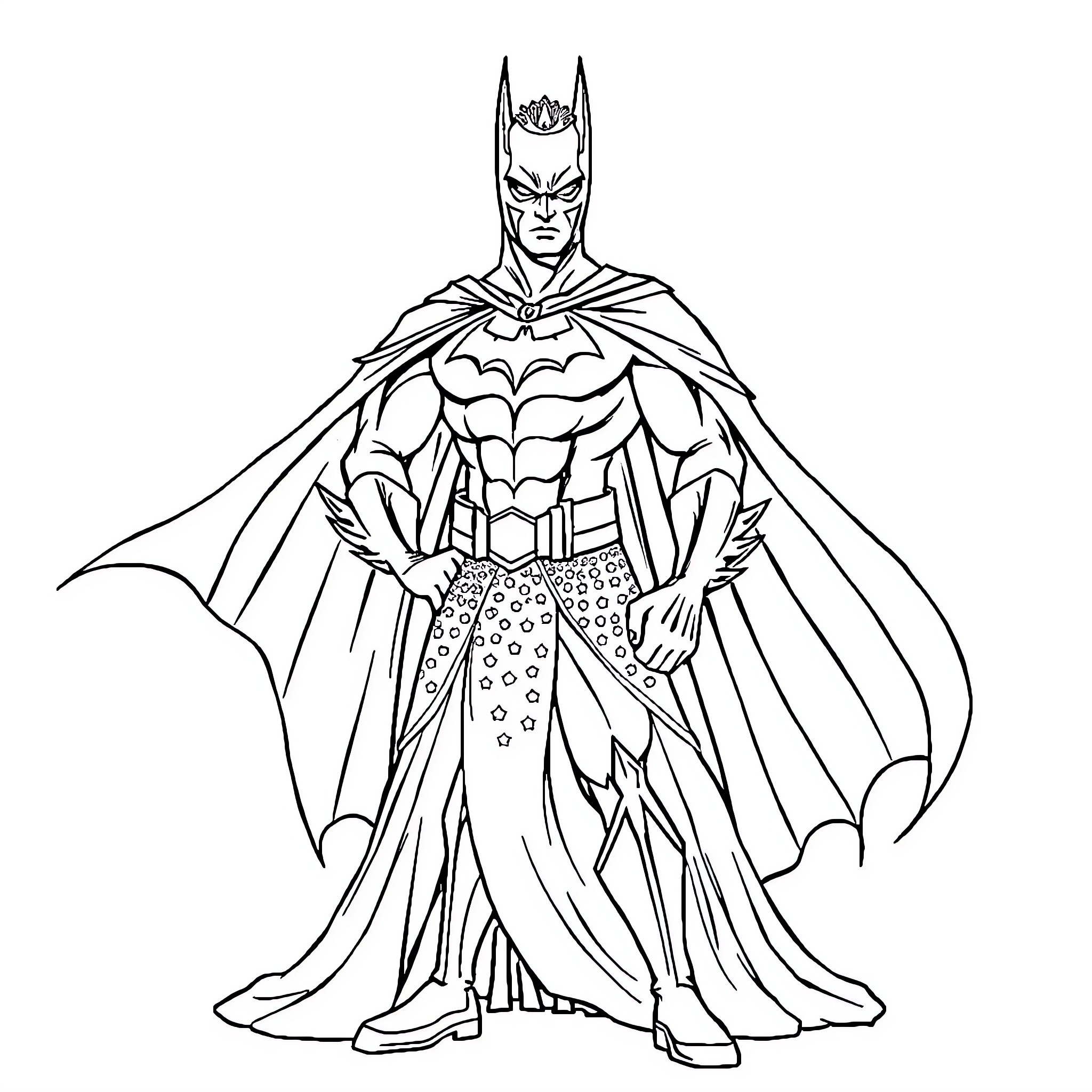 Princess Batman striking a heroic pose Coloring Page (free black-and-white line drawing printable PDF for all, from beginners to advanced learners, including children, teens, adults, and seniors)