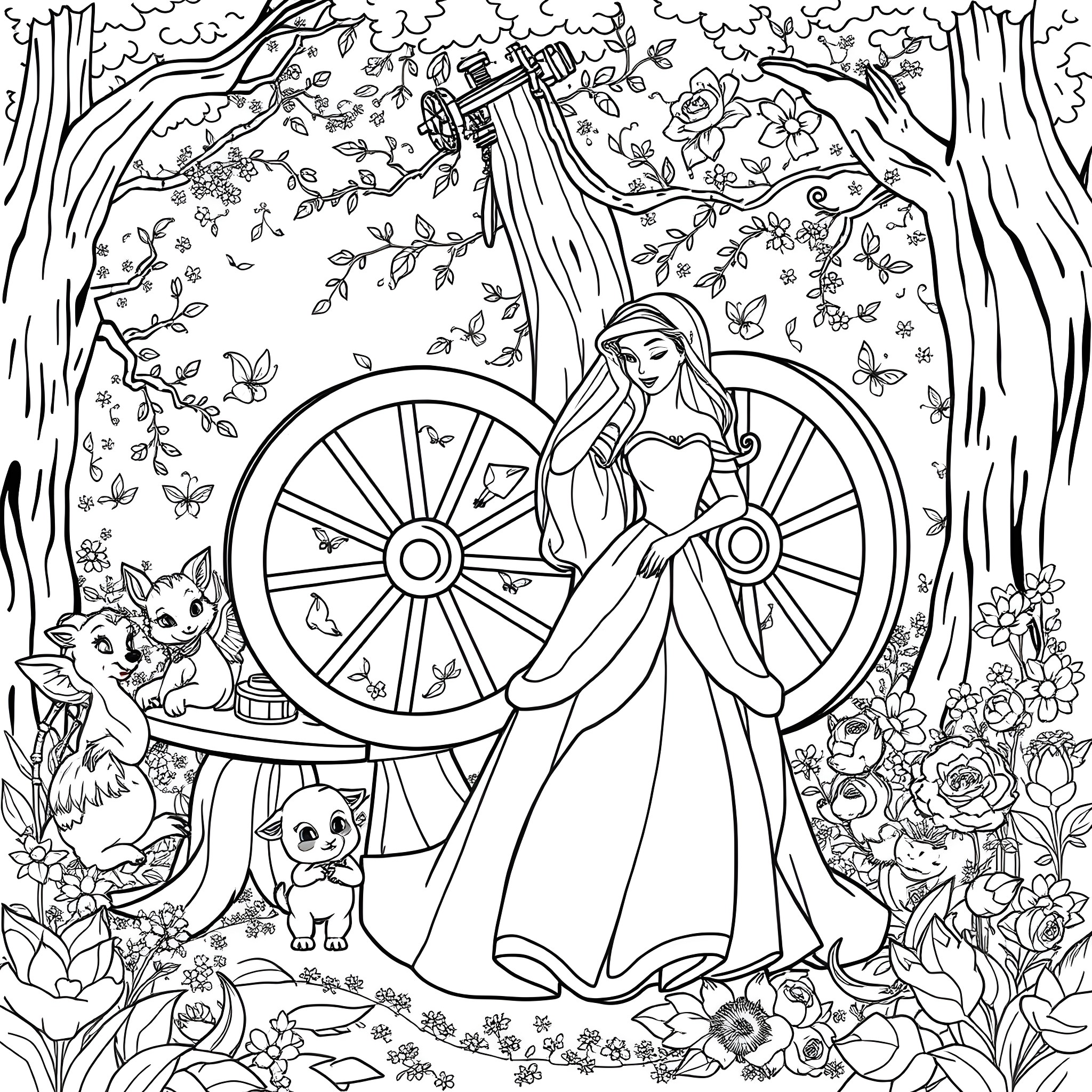 Sleeping Beauty's Enchanted Forest Dream Coloring Page (free black-and-white line drawing printable PDF for all, from beginners to advanced learners, including children, teens, adults, and seniors)