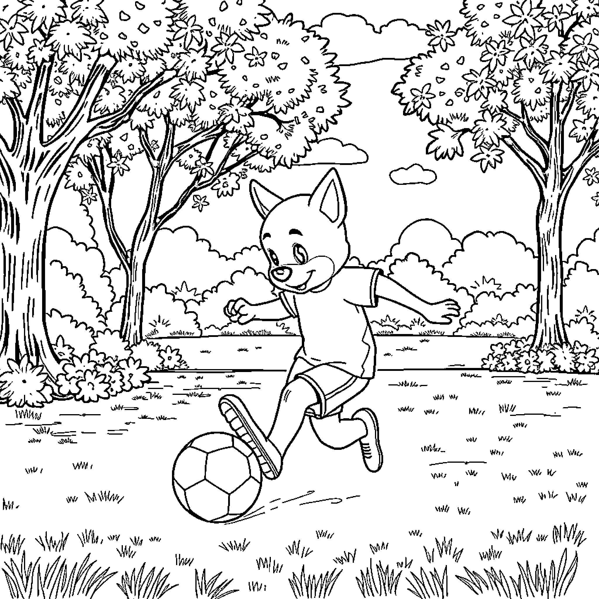 Bluey playing happily with a soccer ball in the park Coloring Page (free black-and-white line drawing printable PDF for all, from beginners to advanced learners, including children, teens, adults, and seniors)