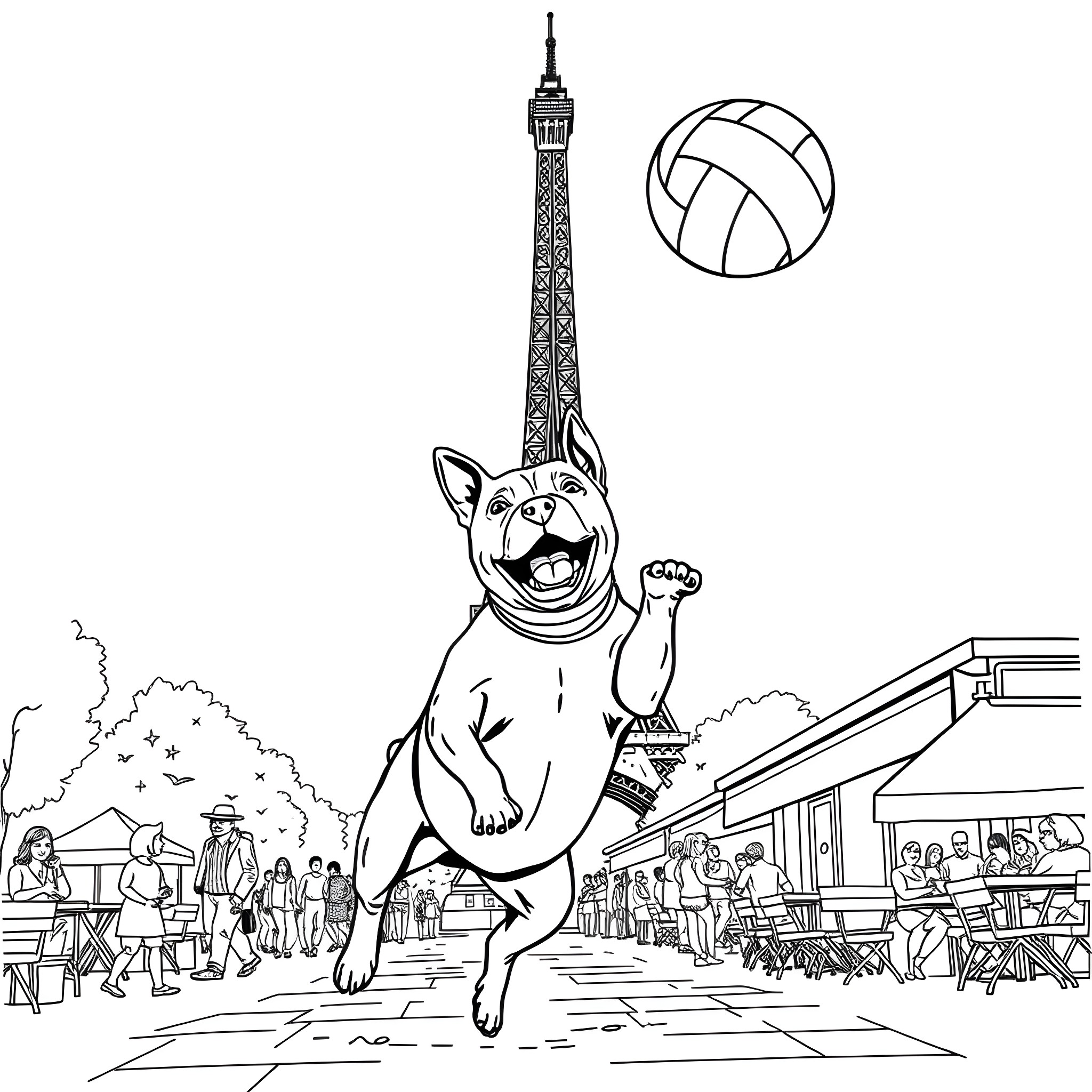 Staffy dog playing with volleyball in Parisian street Coloring Page (free black-and-white line drawing printable PDF for all, from beginners to advanced learners, including children, teens, adults, and seniors)