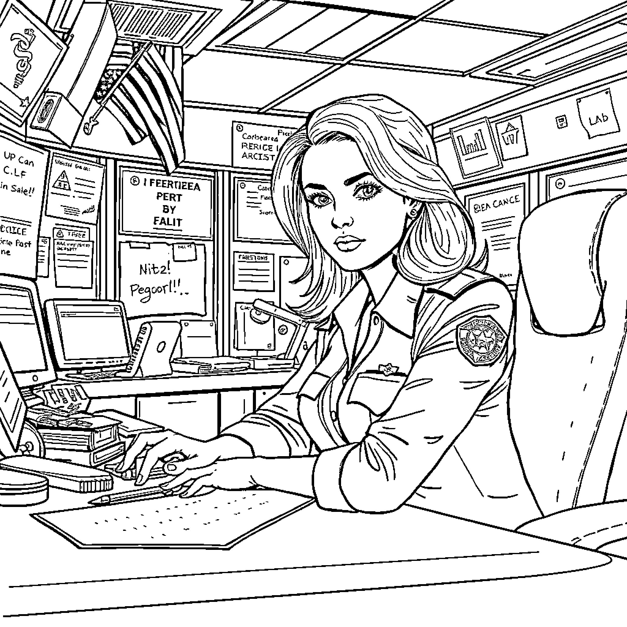 Olivia Benson diligently at work in her police station office Coloring Page (free black-and-white line drawing printable PDF for all, from beginners to advanced learners, including children, teens, adults, and seniors)