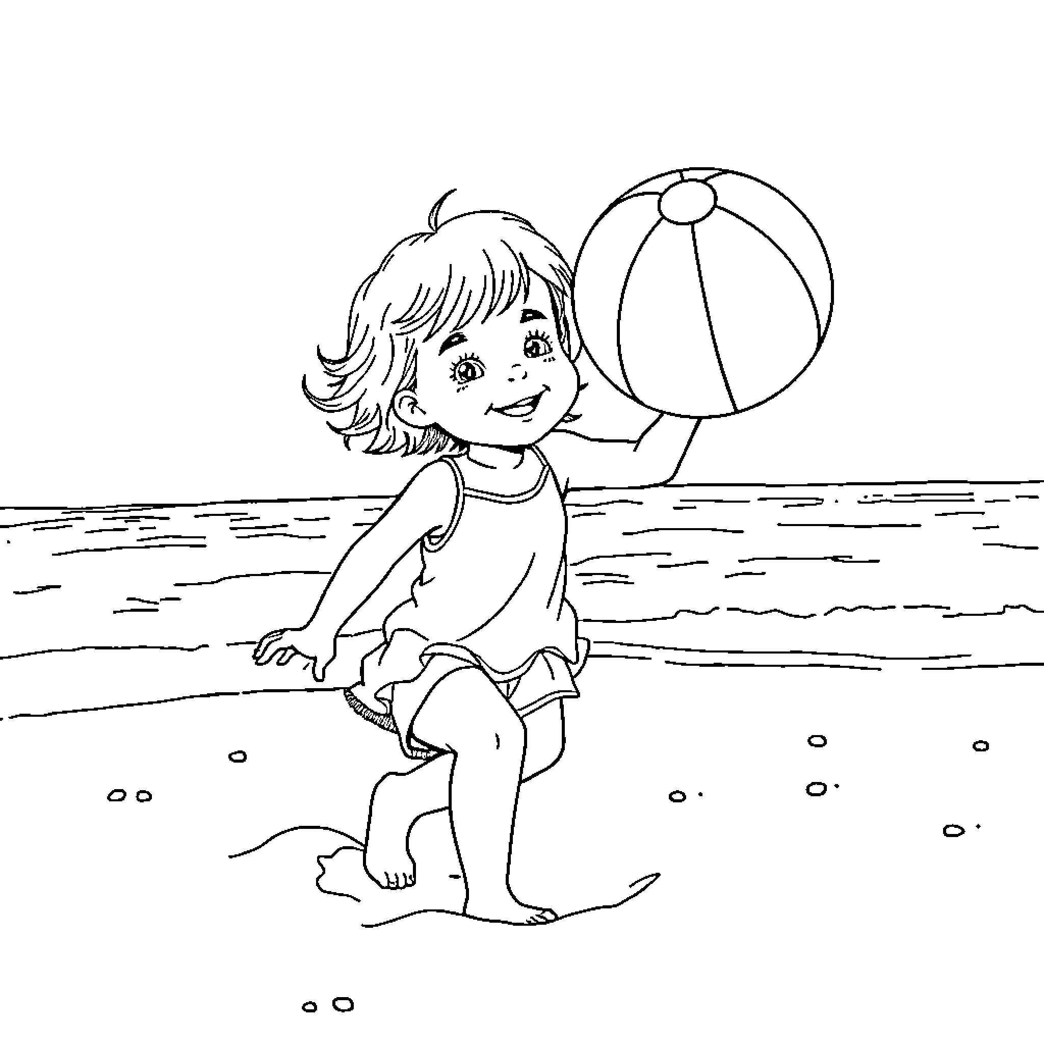 Child playing cheerfully with beachball Coloring Page (free black-and-white line drawing printable PDF for all, from beginners to advanced learners, including children, teens, adults, and seniors)