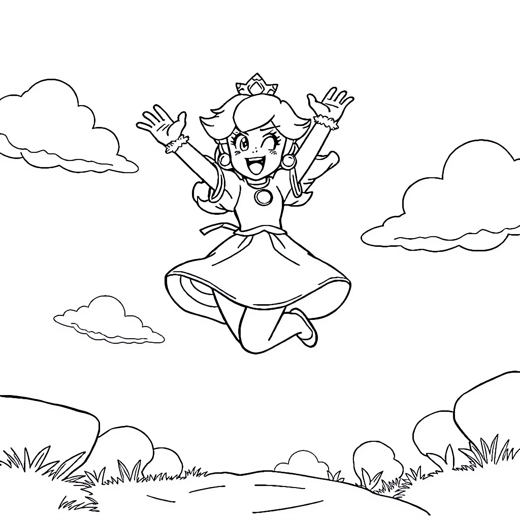 Princess Joyfully Jumping in Meadow Coloring Page (free black-and-white line drawing printable PDF for all, from beginners to advanced learners, including children, teens, adults, and seniors)