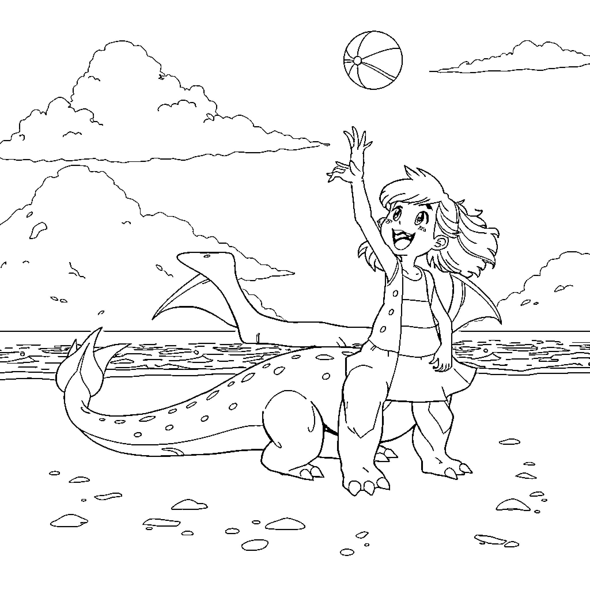 Girl playing joyfully with dolphin on beach Coloring Page (free black-and-white line drawing printable PDF for all, from beginners to advanced learners, including children, teens, adults, and seniors)