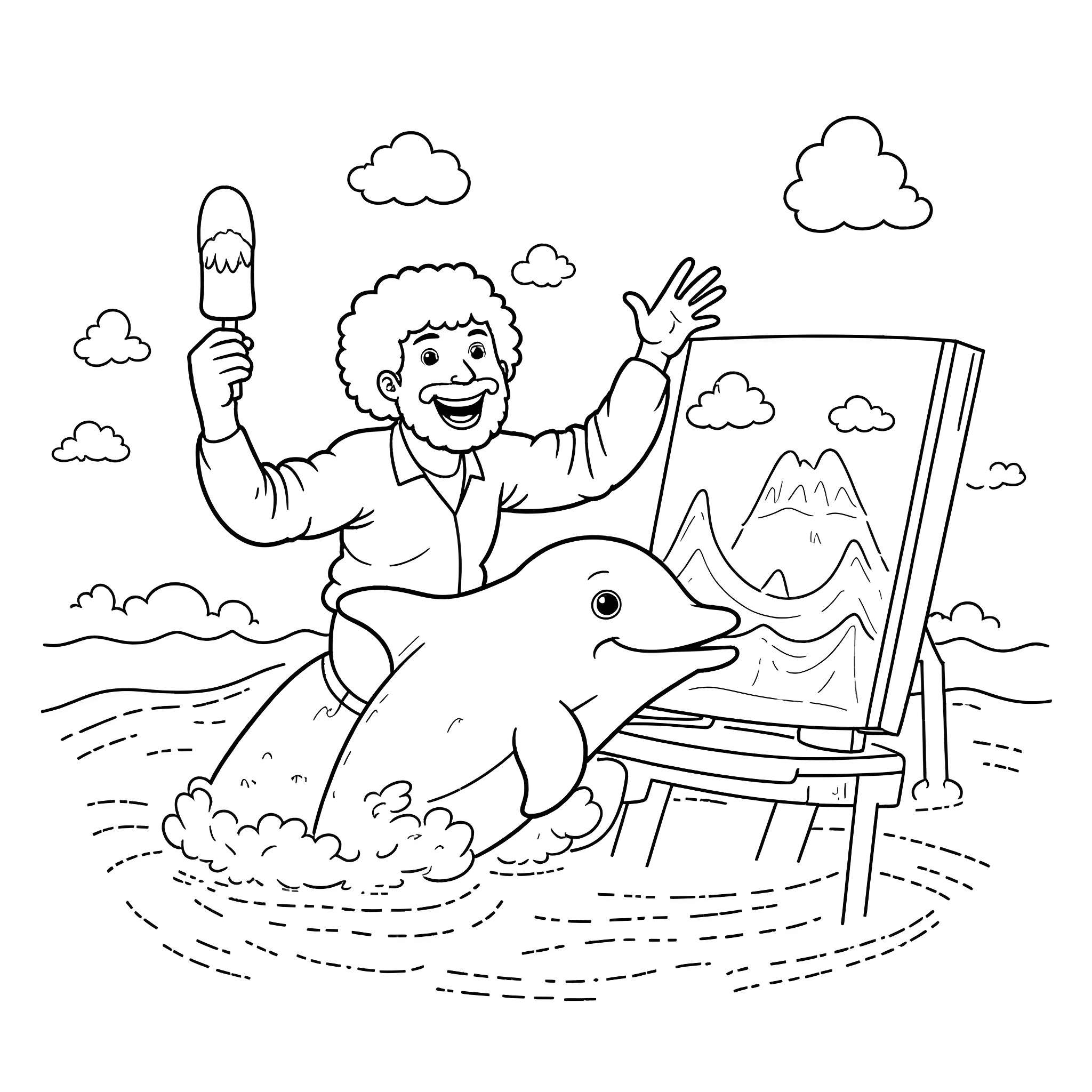Bob Ross painting a serene landscape with a dolphin Coloring Page (free black-and-white line drawing printable PDF for all, from beginners to advanced learners, including children, teens, adults, and seniors)