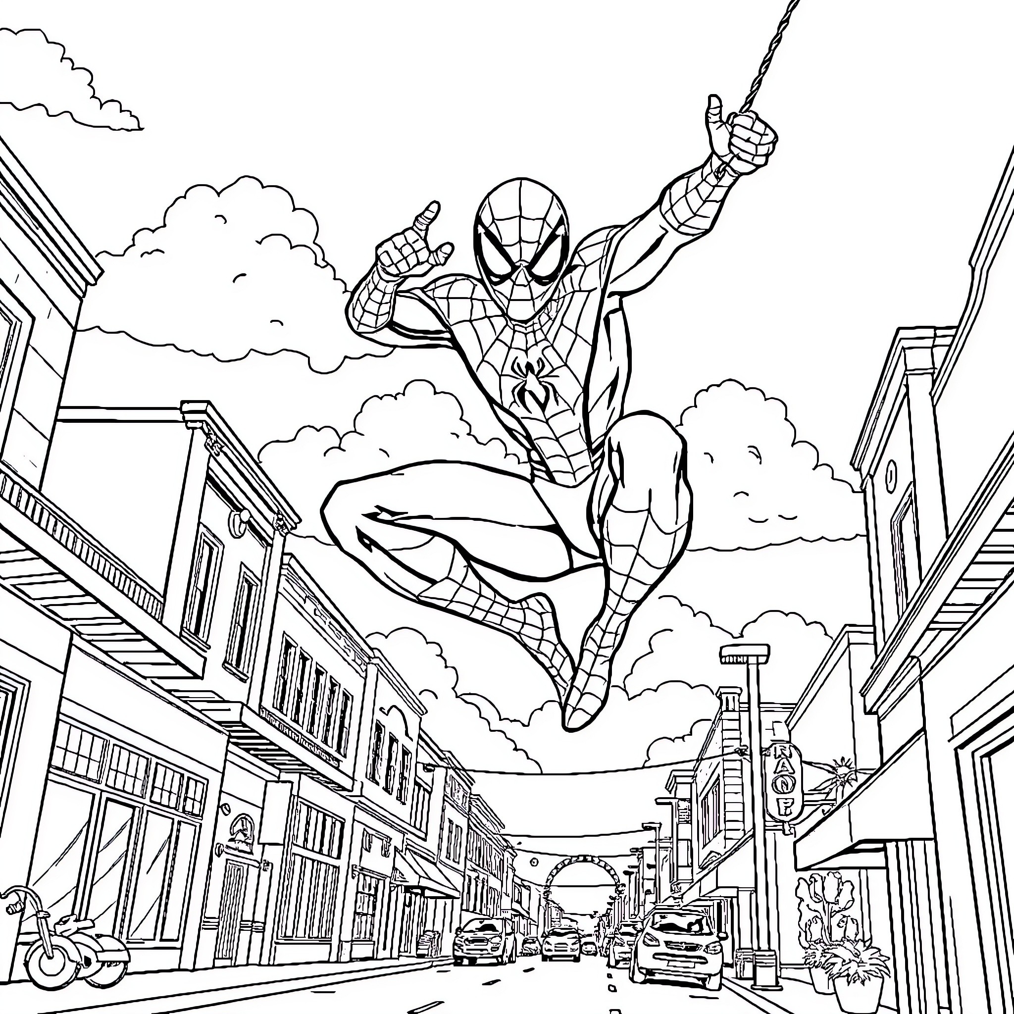 Spiderman swinging through the city streets Coloring Page (free black-and-white line drawing printable PDF for all, from beginners to advanced learners, including children, teens, adults, and seniors)