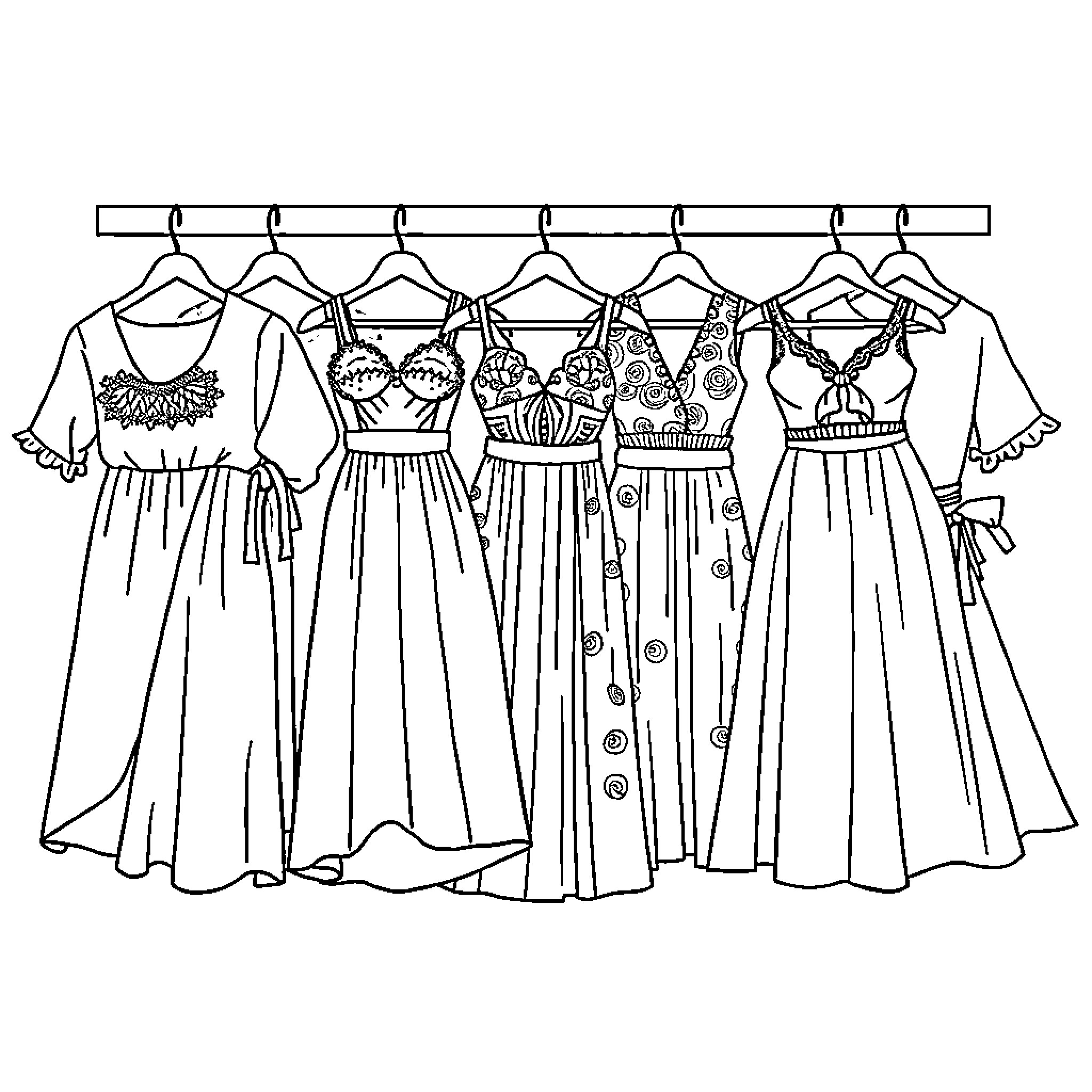 Dress Designs on Clothing Rack Coloring Page (free black-and-white line drawing printable PDF for all, from beginners to advanced learners, including children, teens, adults, and seniors)
