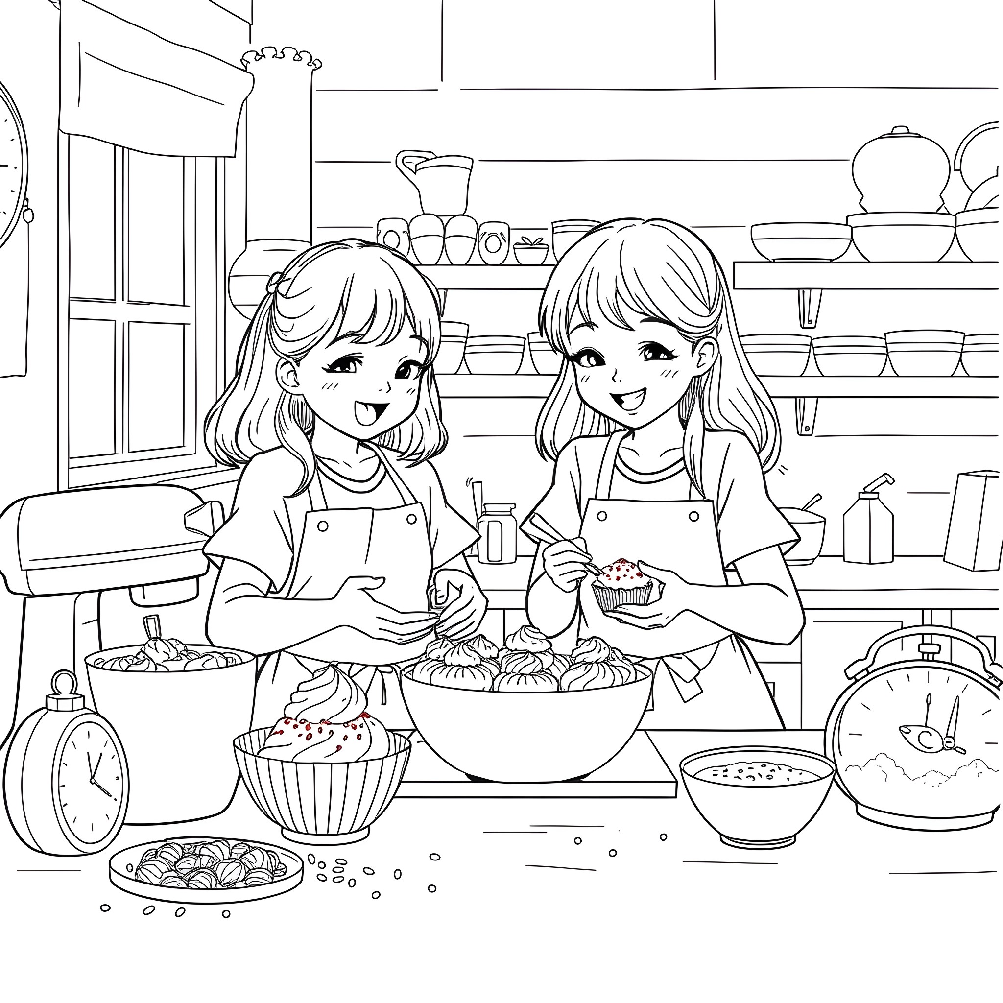 Girls Baking Delicious Treats in the Kitchen Coloring Page (free black-and-white line drawing printable PDF for all, from beginners to advanced learners, including children, teens, adults, and seniors)