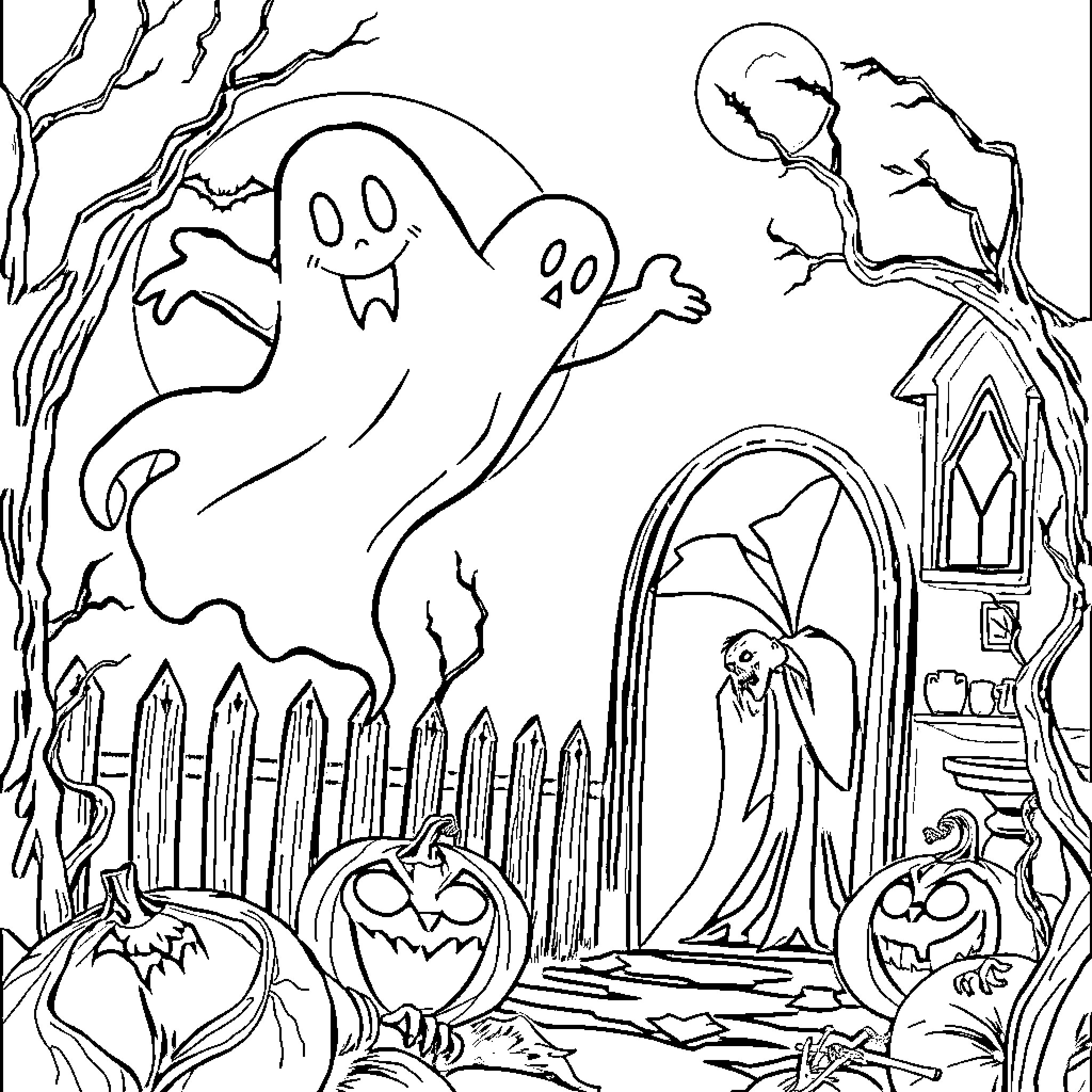 Ghost Figures Haunting Spooky Halloween Scene Coloring Page (free black-and-white line drawing printable PDF for all, from beginners to advanced learners, including children, teens, adults, and seniors)