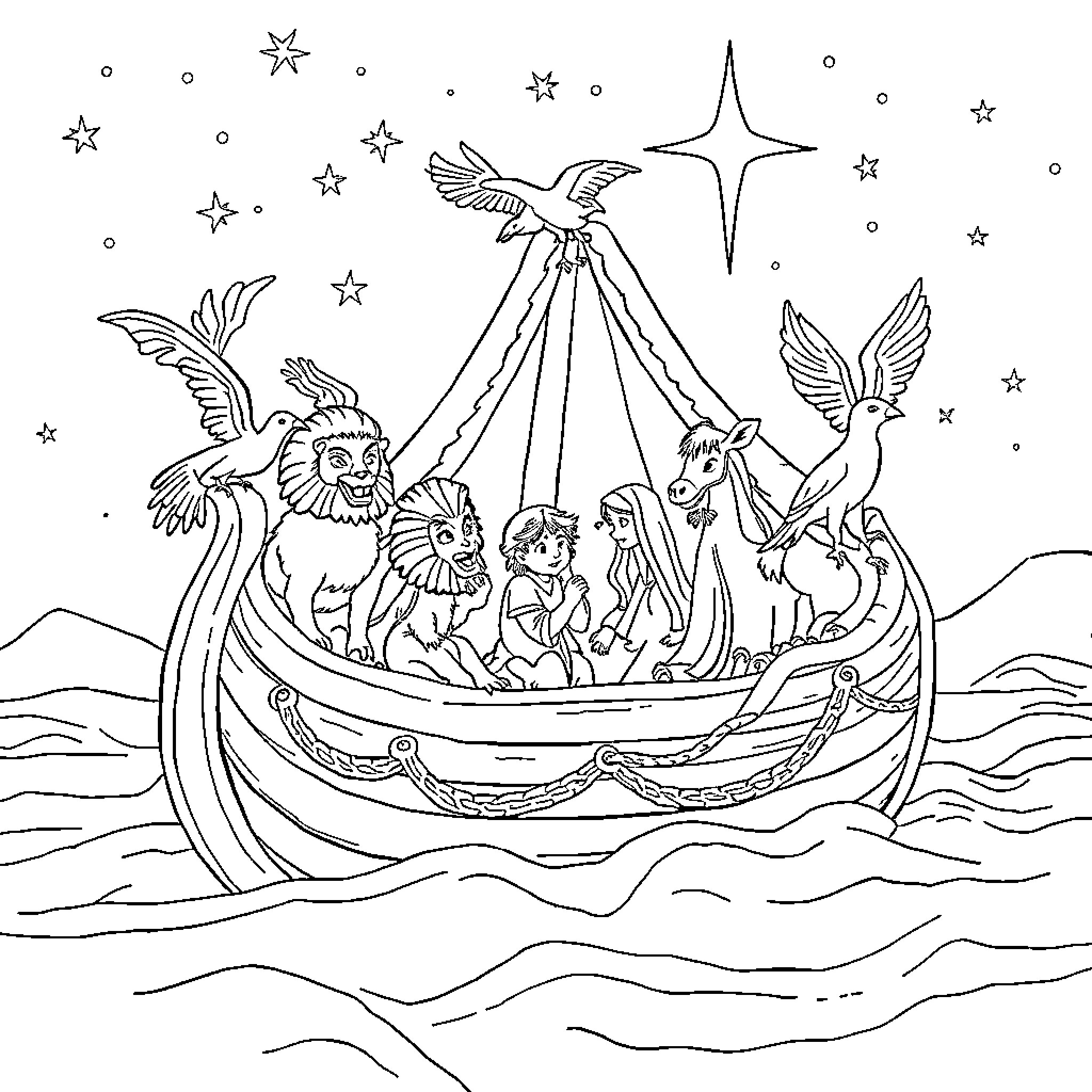 Noah's Ark with animals and people sailing on the seas Coloring Page (free black-and-white line drawing printable PDF for all, from beginners to advanced learners, including children, teens, adults, and seniors)