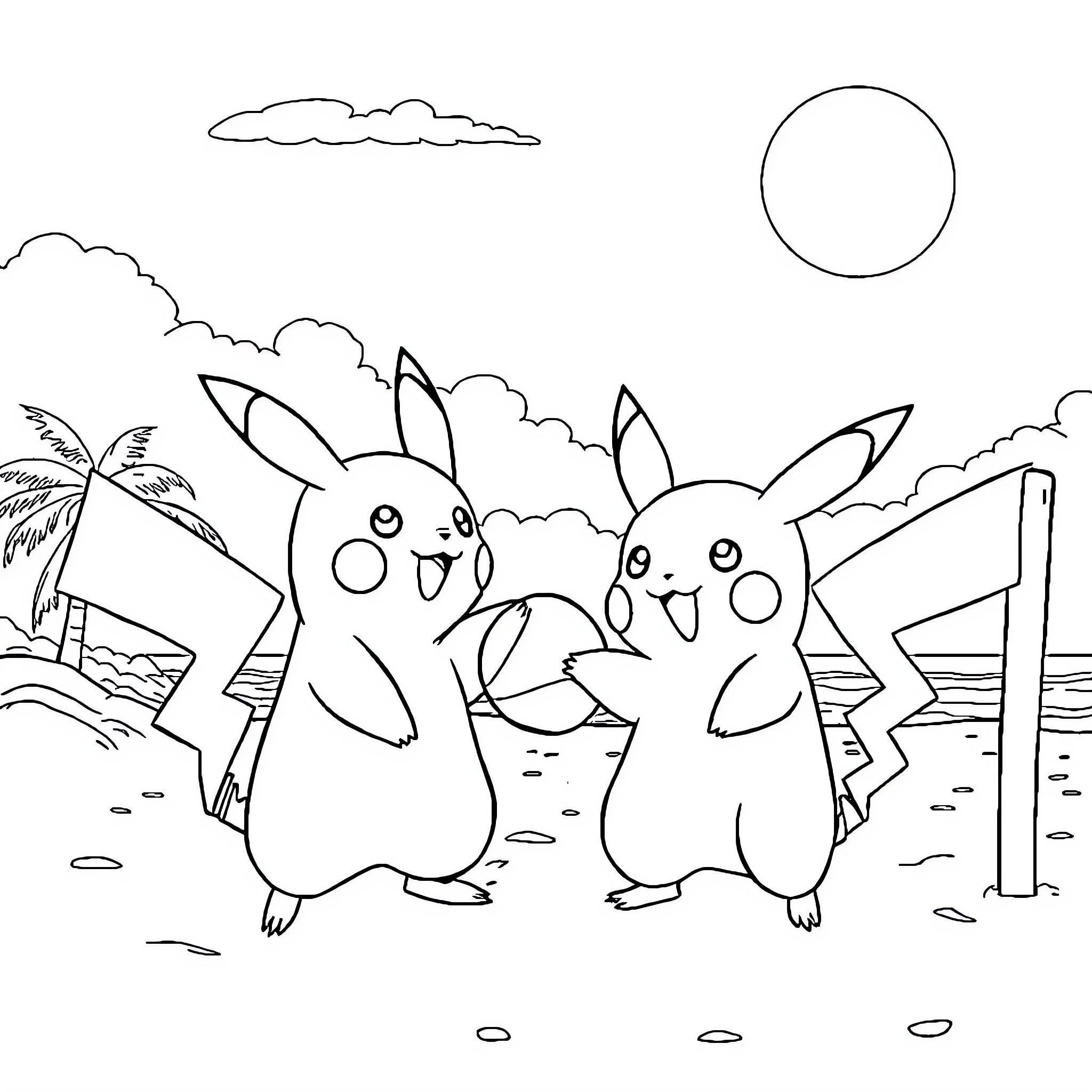 Pikachu having fun at the beach with friends Coloring Page (free black-and-white line drawing printable PDF for all, from beginners to advanced learners, including children, teens, adults, and seniors)