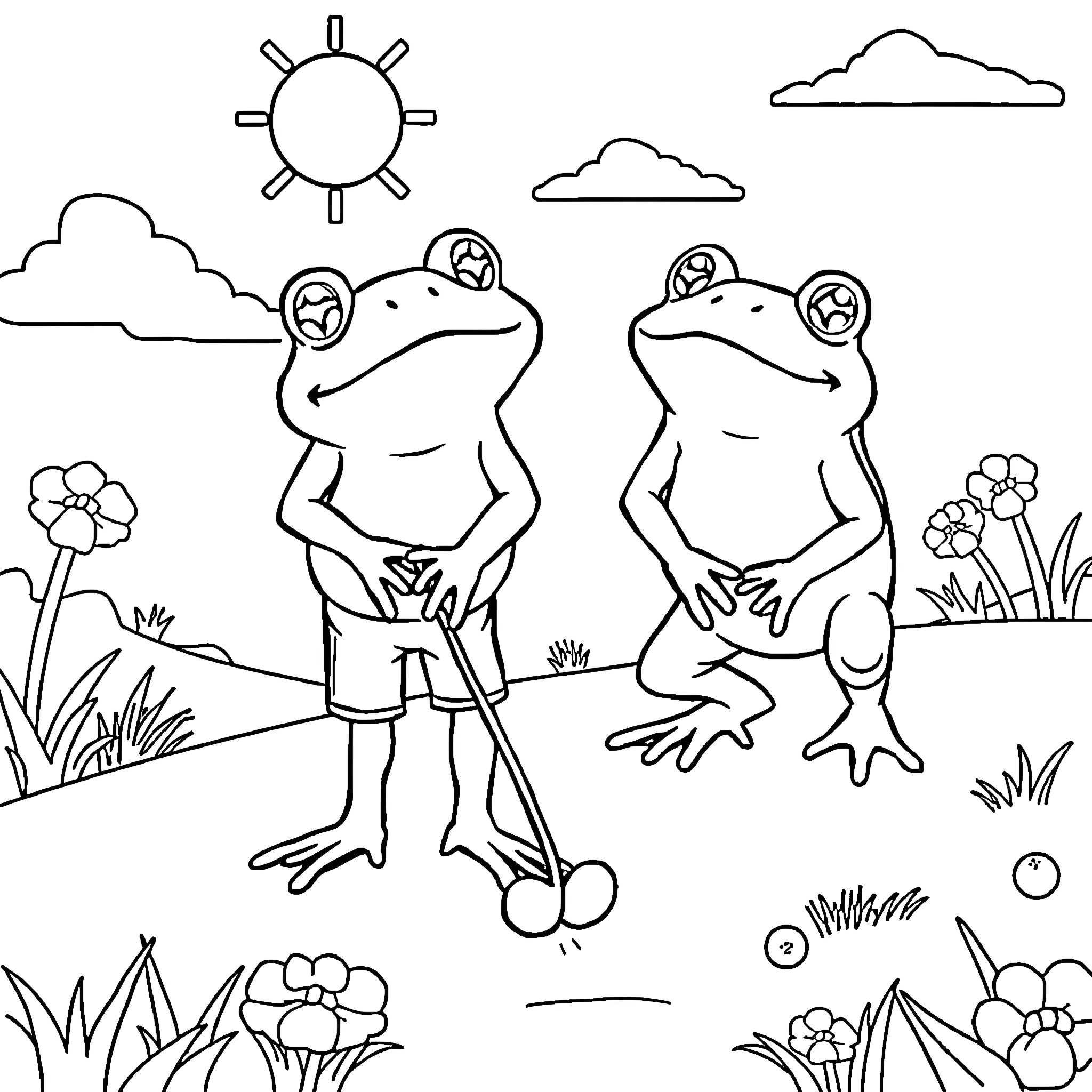 Frog pair enjoying a sunny day in nature Coloring Page (free black-and-white line drawing printable PDF for all, from beginners to advanced learners, including children, teens, adults, and seniors)