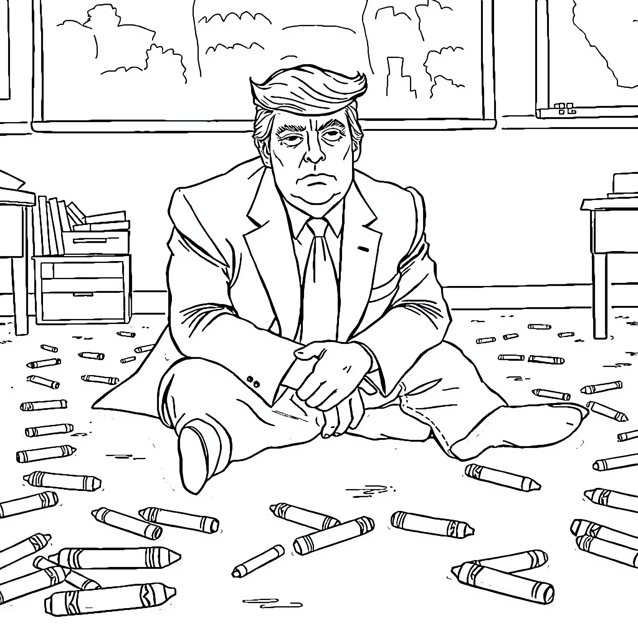 Trump sitting alone in office, surrounded by mess Coloring Page (free black-and-white line drawing printable PDF for all, from beginners to advanced learners, including children, teens, adults, and seniors)