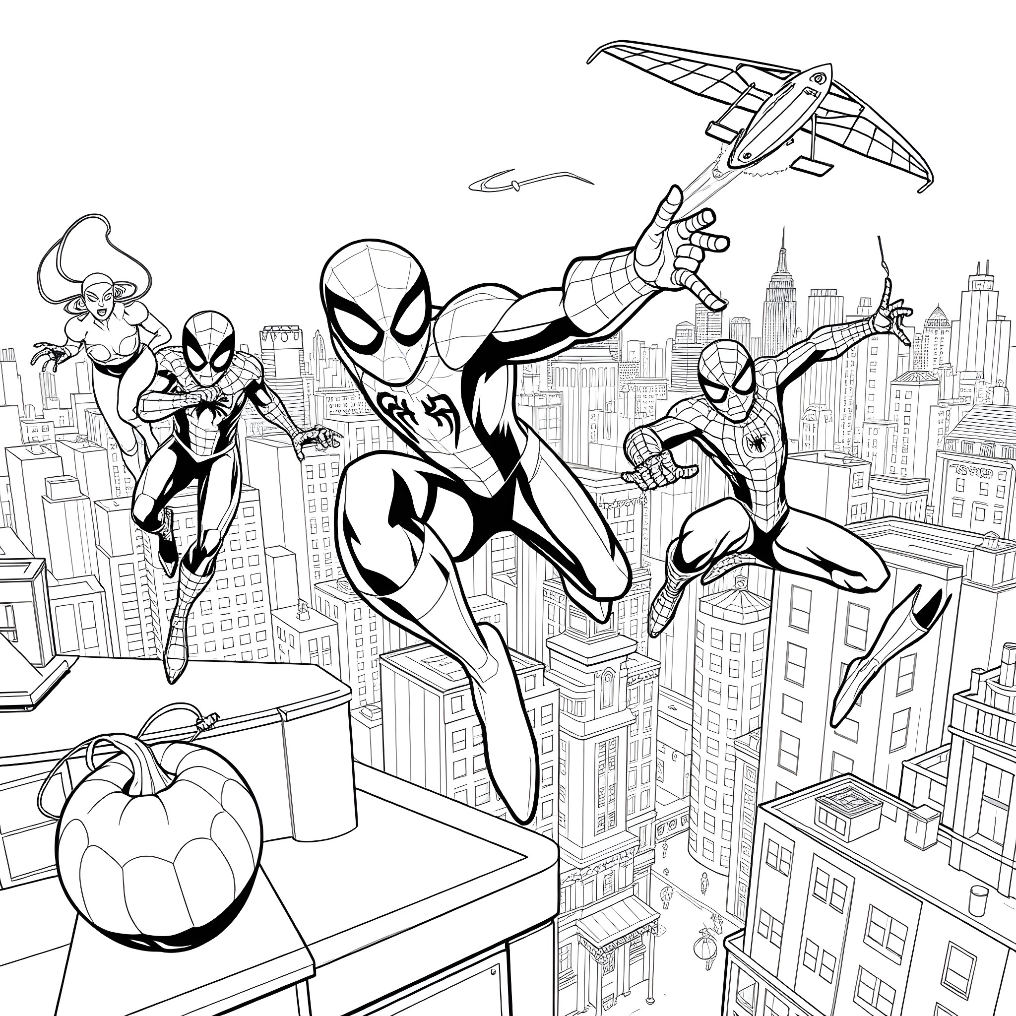 Spidey's Thrilling City Escapade Coloring Page (free black-and-white line drawing printable PDF for all, from beginners to advanced learners, including children, teens, adults, and seniors)