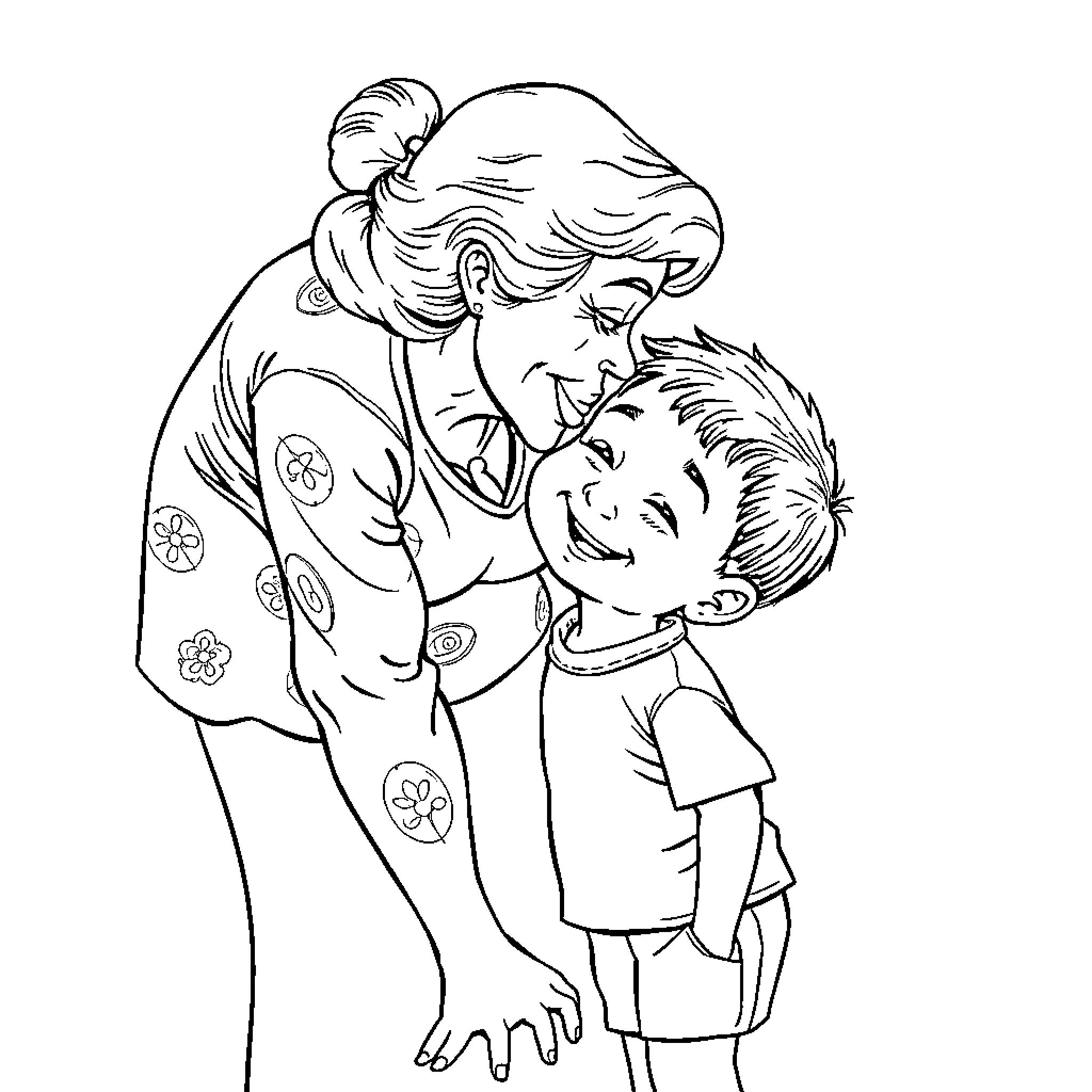 Grandma embracing grandchild with affection Coloring Page (free black-and-white line drawing printable PDF for all, from beginners to advanced learners, including children, teens, adults, and seniors)