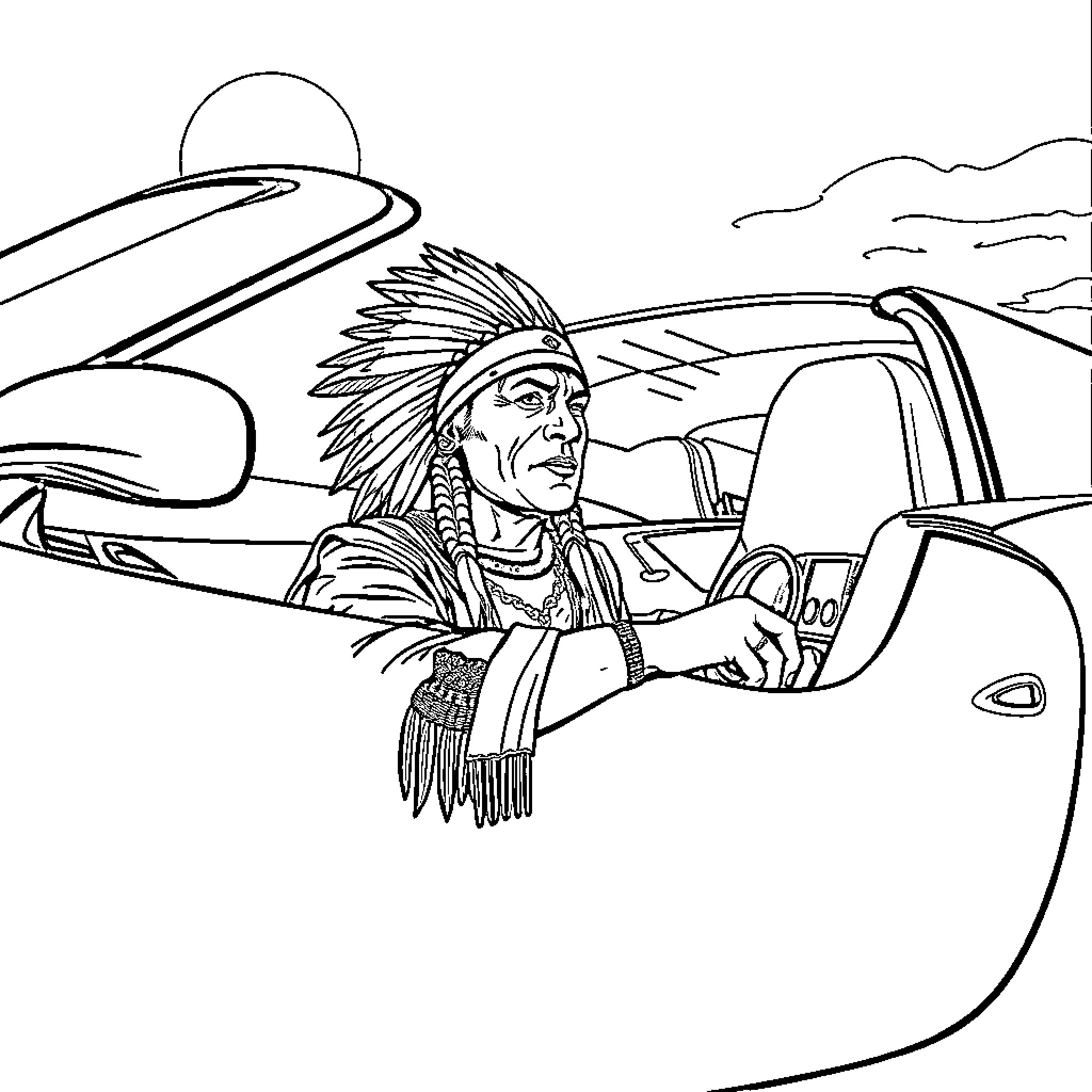 Native American Driving a Futuristic Vehicle Coloring Page (free black-and-white line drawing printable PDF for all, from beginners to advanced learners, including children, teens, adults, and seniors)