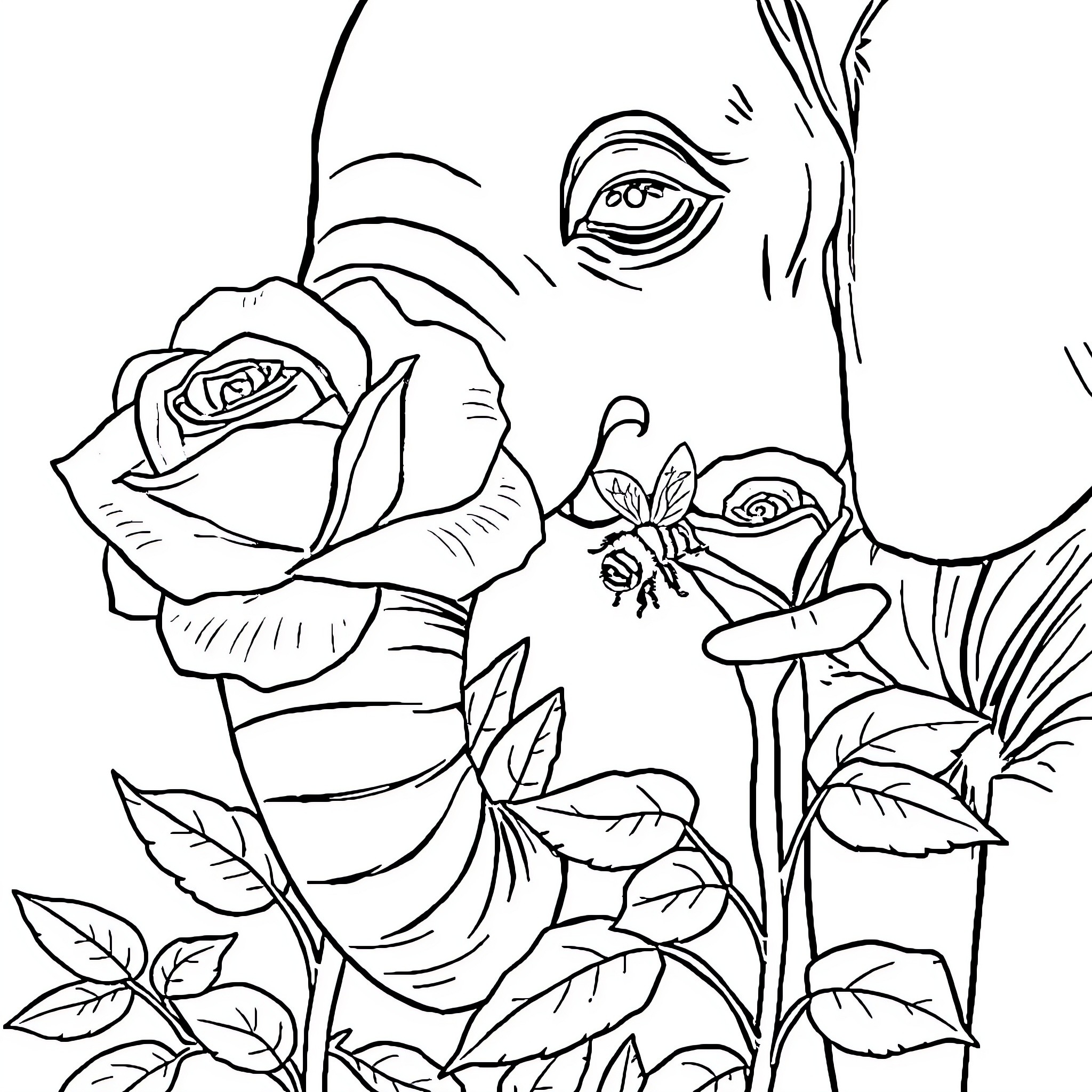 Elephant Surrounded by Vibrant Floral Blooms Coloring Page (free black-and-white line drawing printable PDF for all, from beginners to advanced learners, including children, teens, adults, and seniors)