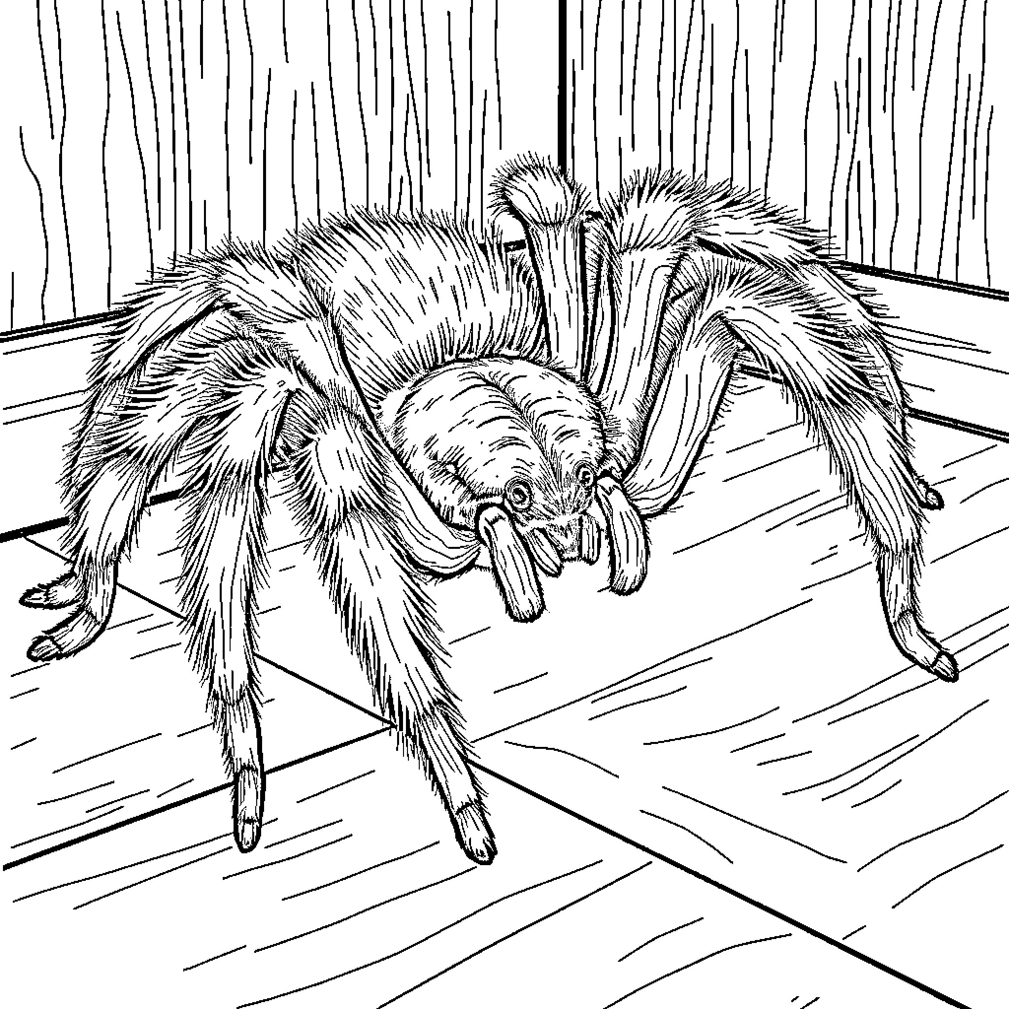 Spider scurrying across the floor Coloring Page (free black-and-white line drawing printable PDF for all, from beginners to advanced learners, including children, teens, adults, and seniors)