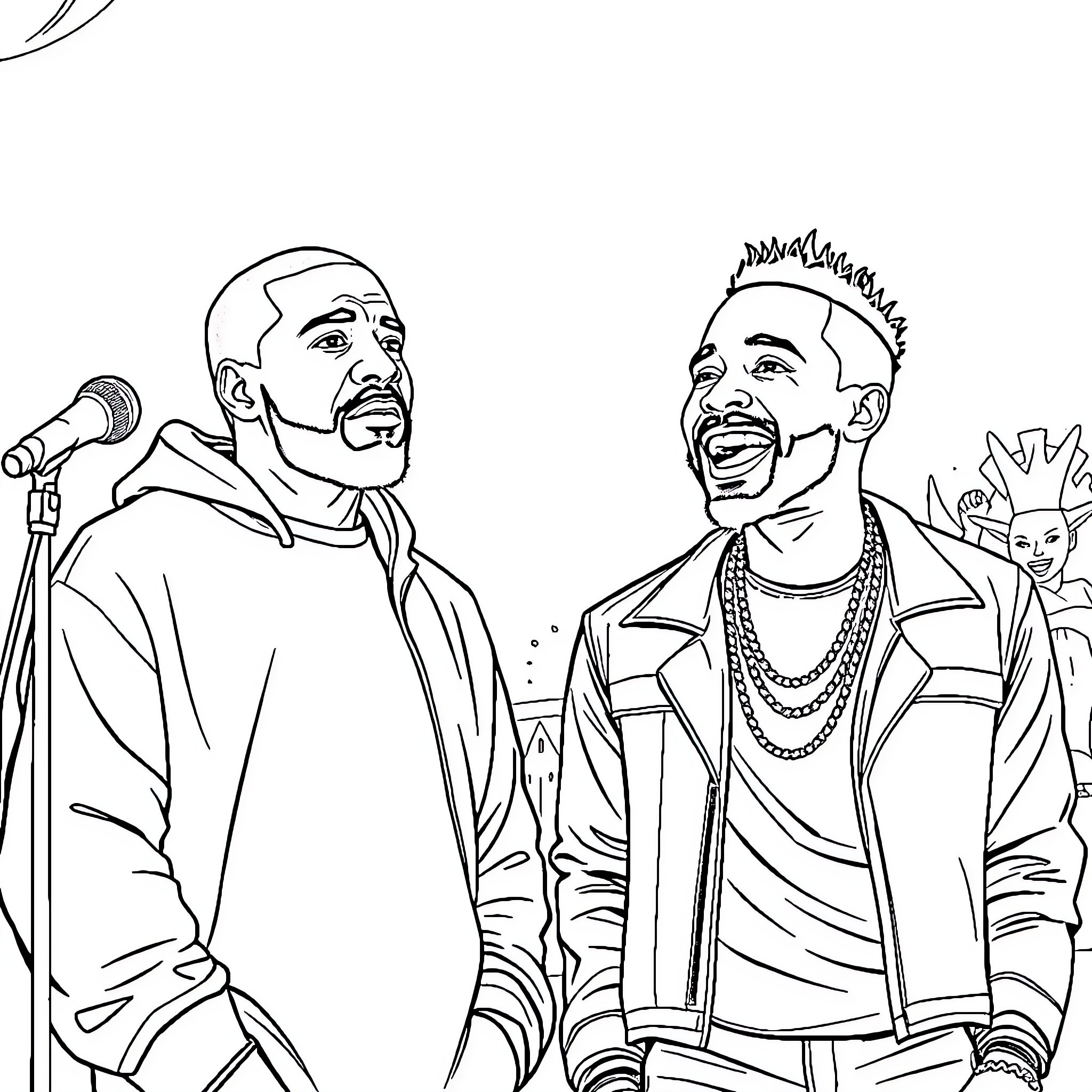 Drake performing on stage with backup Coloring Page (free black-and-white line drawing printable PDF for all, from beginners to advanced learners, including children, teens, adults, and seniors)