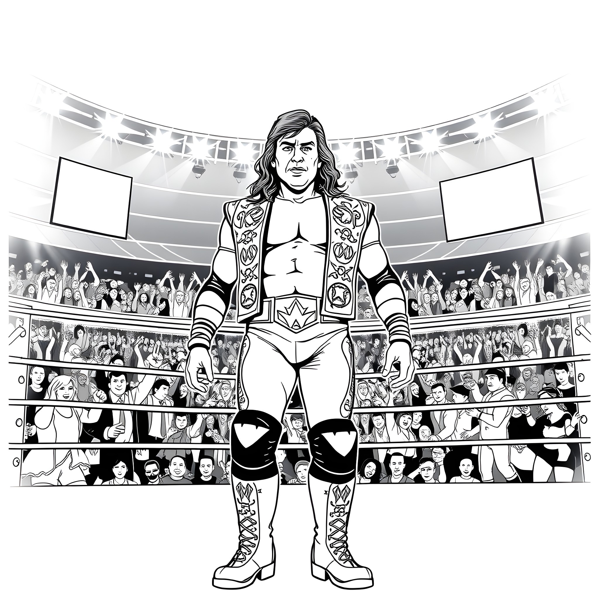 Bret Hart Wrestling in the Arena Coloring Page (free black-and-white line drawing printable PDF for all, from beginners to advanced learners, including children, teens, adults, and seniors)