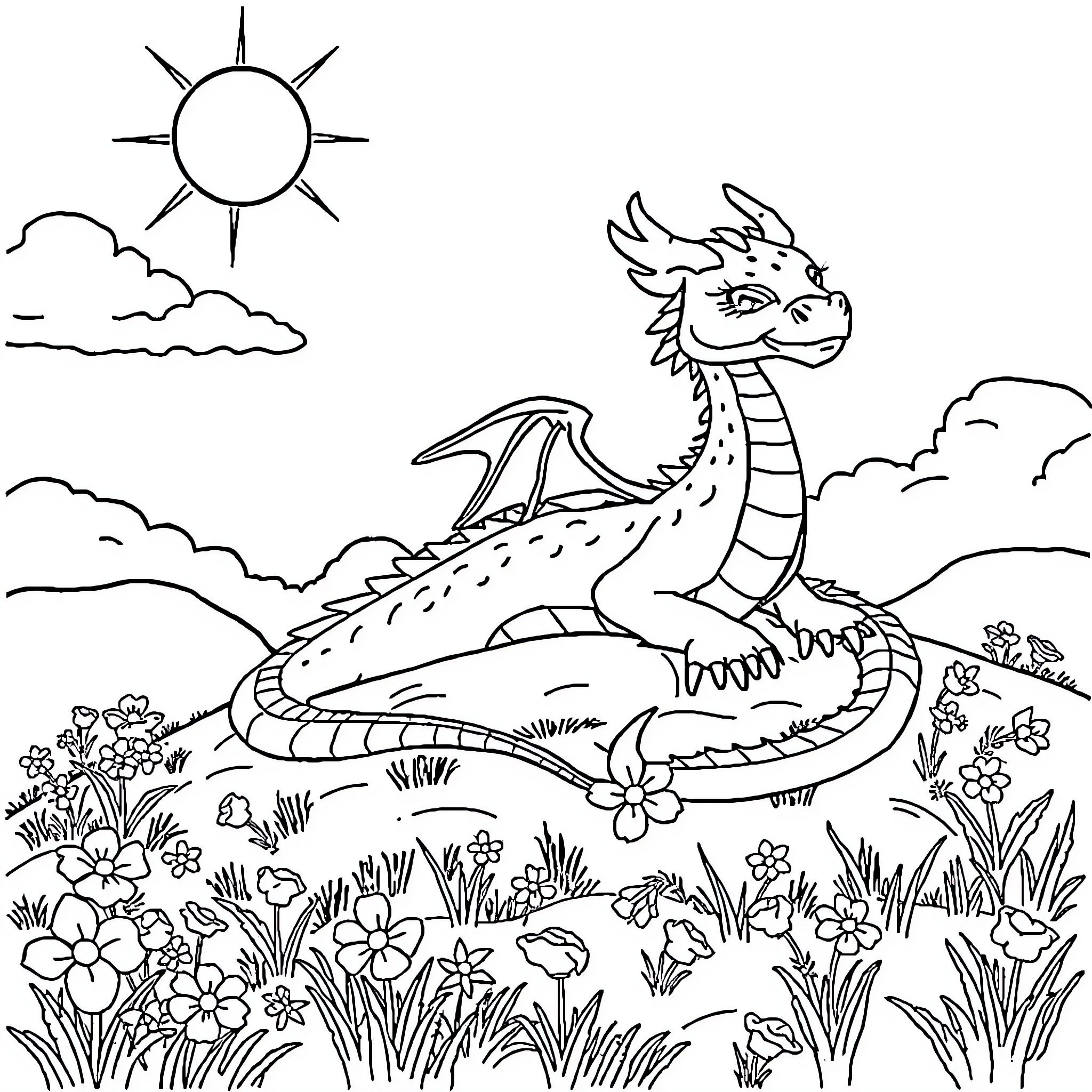 Dragon resting in a flowery meadow under the sun Coloring Page (free black-and-white line drawing printable PDF for all, from beginners to advanced learners, including children, teens, adults, and seniors)