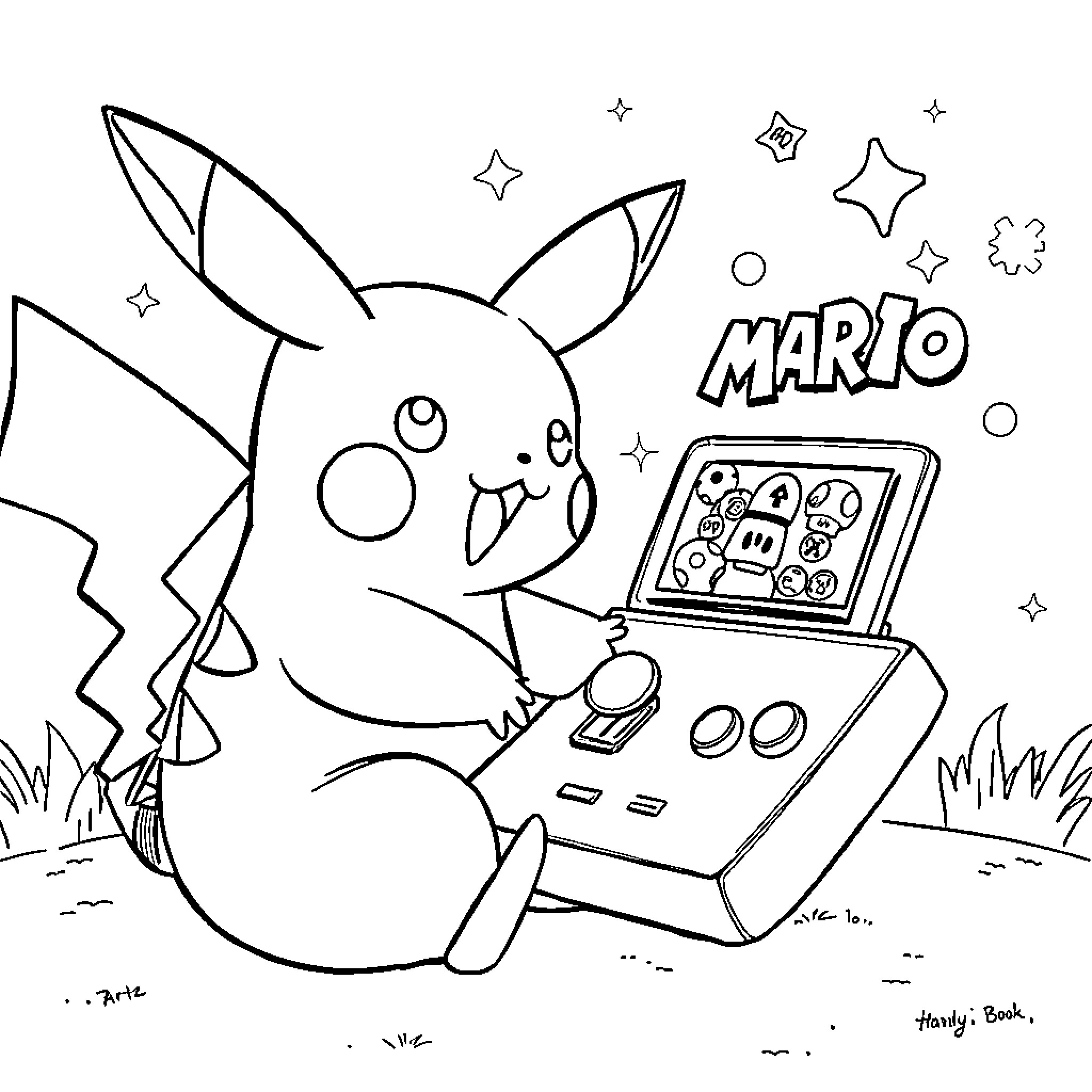 Pikachu playing video games happily in nature Coloring Page (free black-and-white line drawing printable PDF for all, from beginners to advanced learners, including children, teens, adults, and seniors)