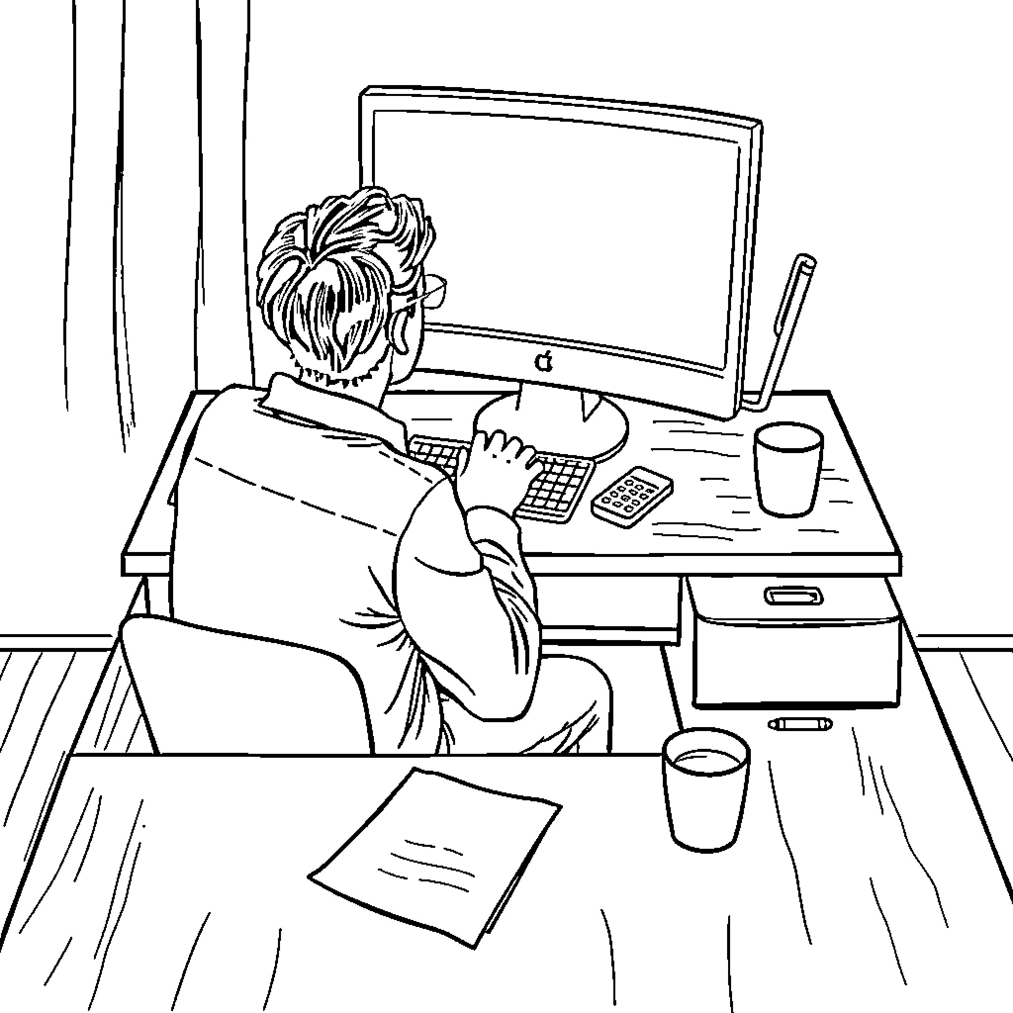 Person working diligently at computer desk Coloring Page (free black-and-white line drawing printable PDF for all, from beginners to advanced learners, including children, teens, adults, and seniors)