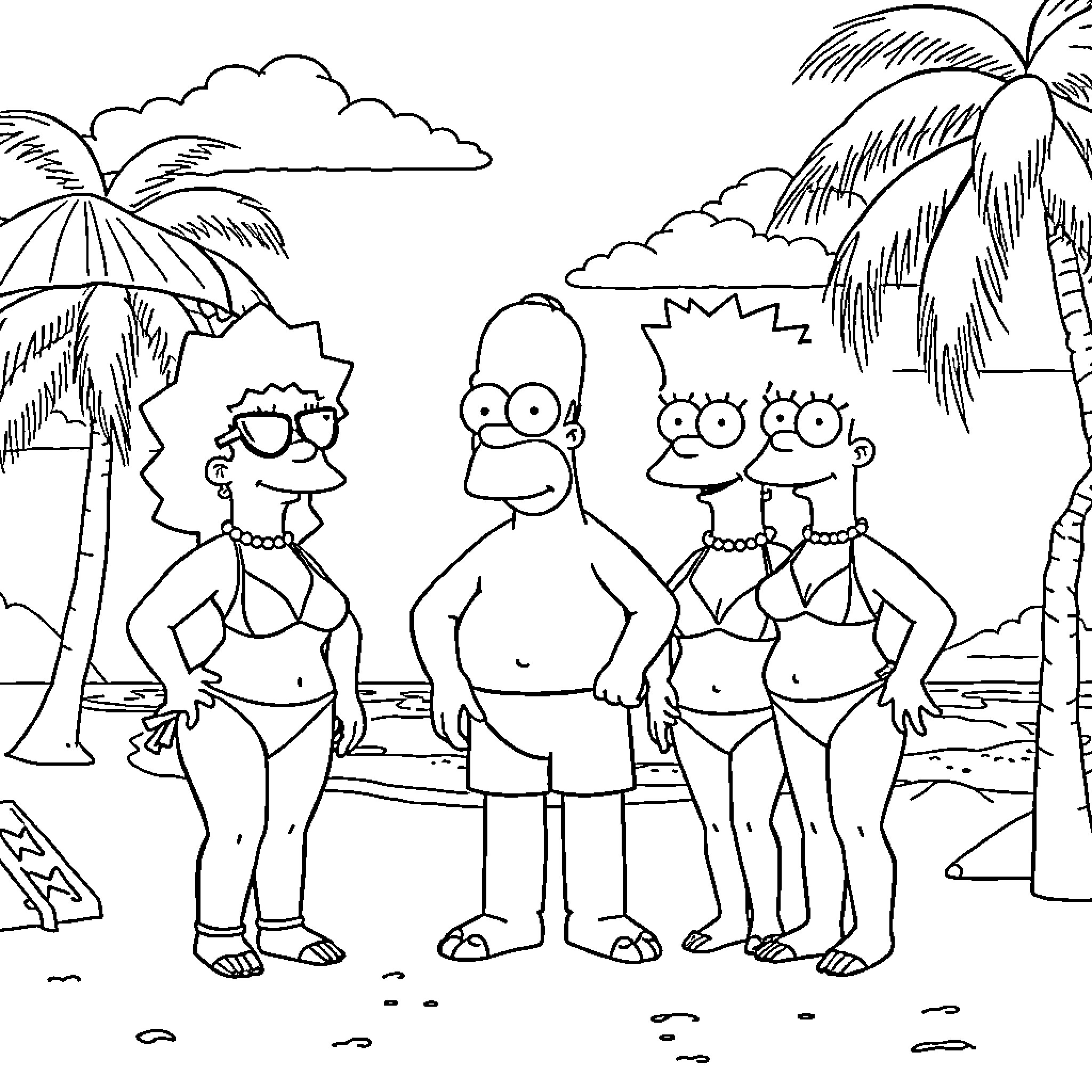 Bikini Simpsons at the Beach Coloring Page (free black-and-white line drawing printable PDF for all, from beginners to advanced learners, including children, teens, adults, and seniors)