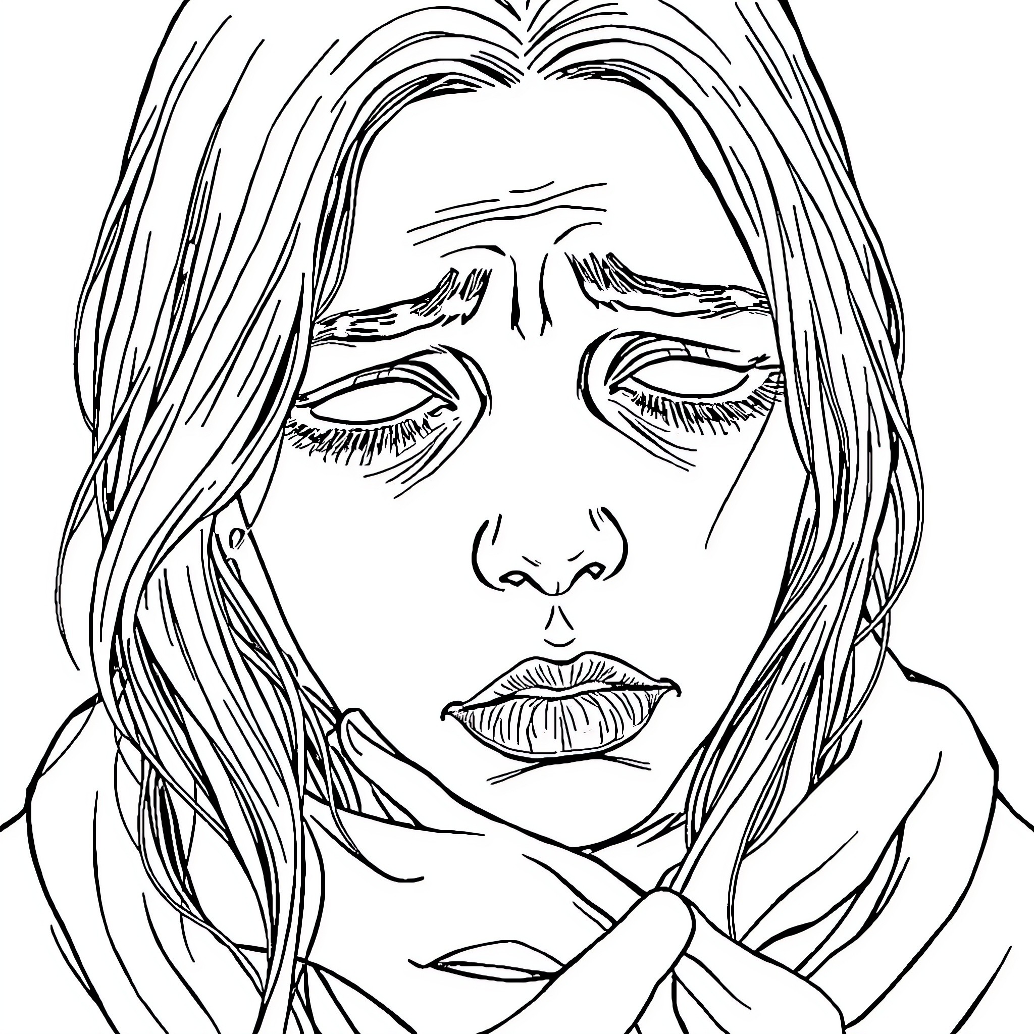Remorse - Sorrow and Anguish in a Woman's Expression Coloring Page (free black-and-white line drawing printable PDF for all, from beginners to advanced learners, including children, teens, adults, and seniors)