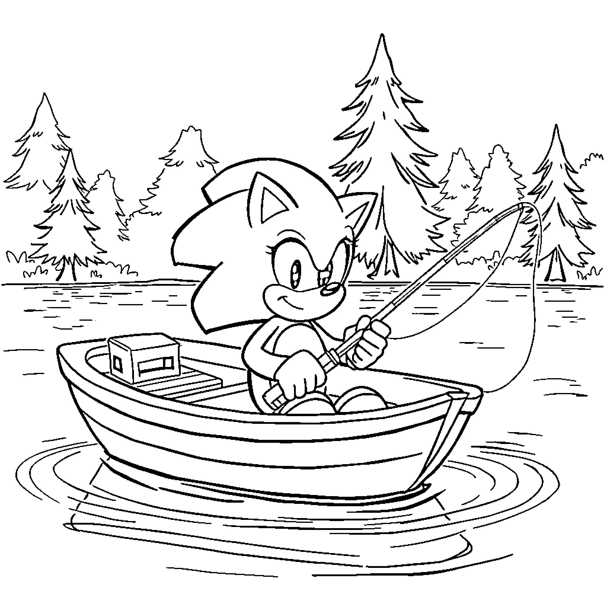 Sonic Fishing in Serene Forest Coloring Page (free black-and-white line drawing printable PDF for all, from beginners to advanced learners, including children, teens, adults, and seniors)