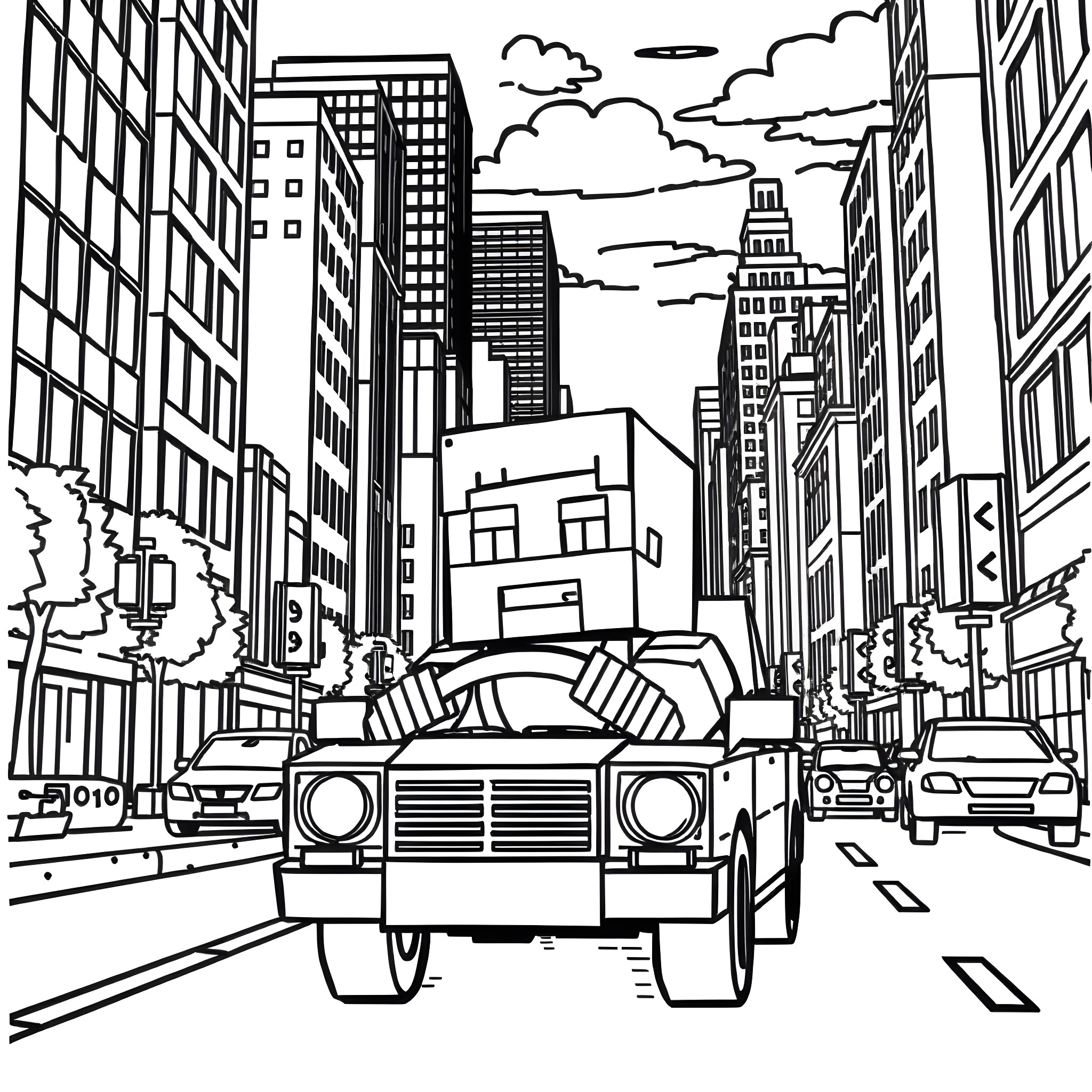 Minecraft Steve in a bustling city scene Coloring Page (free black-and-white line drawing printable PDF for all, from beginners to advanced learners, including children, teens, adults, and seniors)