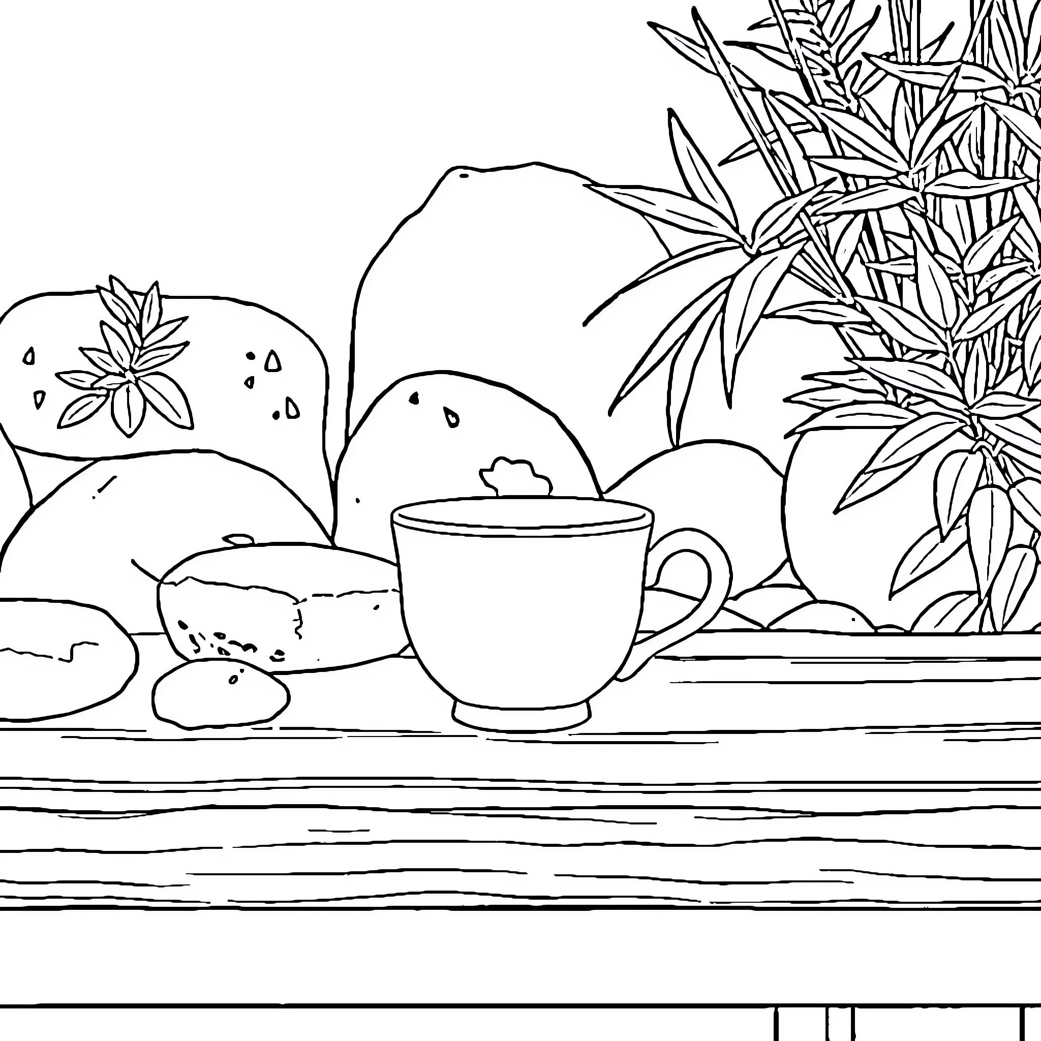 Cup of tea in a serene nature setting Coloring Page (free black-and-white line drawing printable PDF for all, from beginners to advanced learners, including children, teens, adults, and seniors)