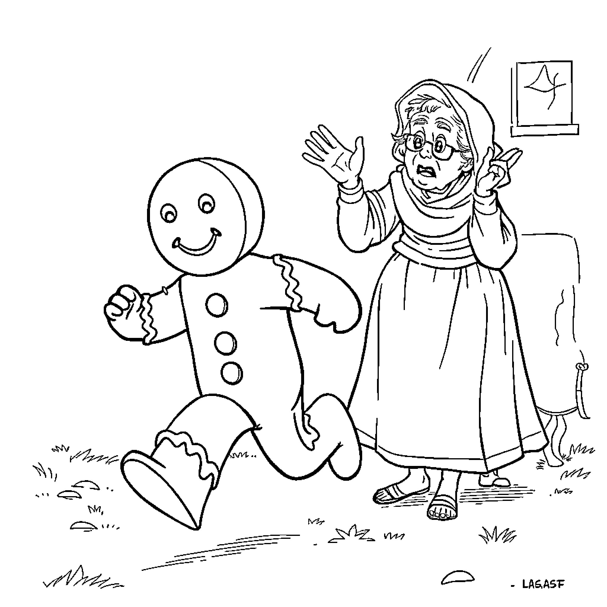 Gingerbread Man running from a woman in traditional dress Coloring Page (free black-and-white line drawing printable PDF for all, from beginners to advanced learners, including children, teens, adults, and seniors)