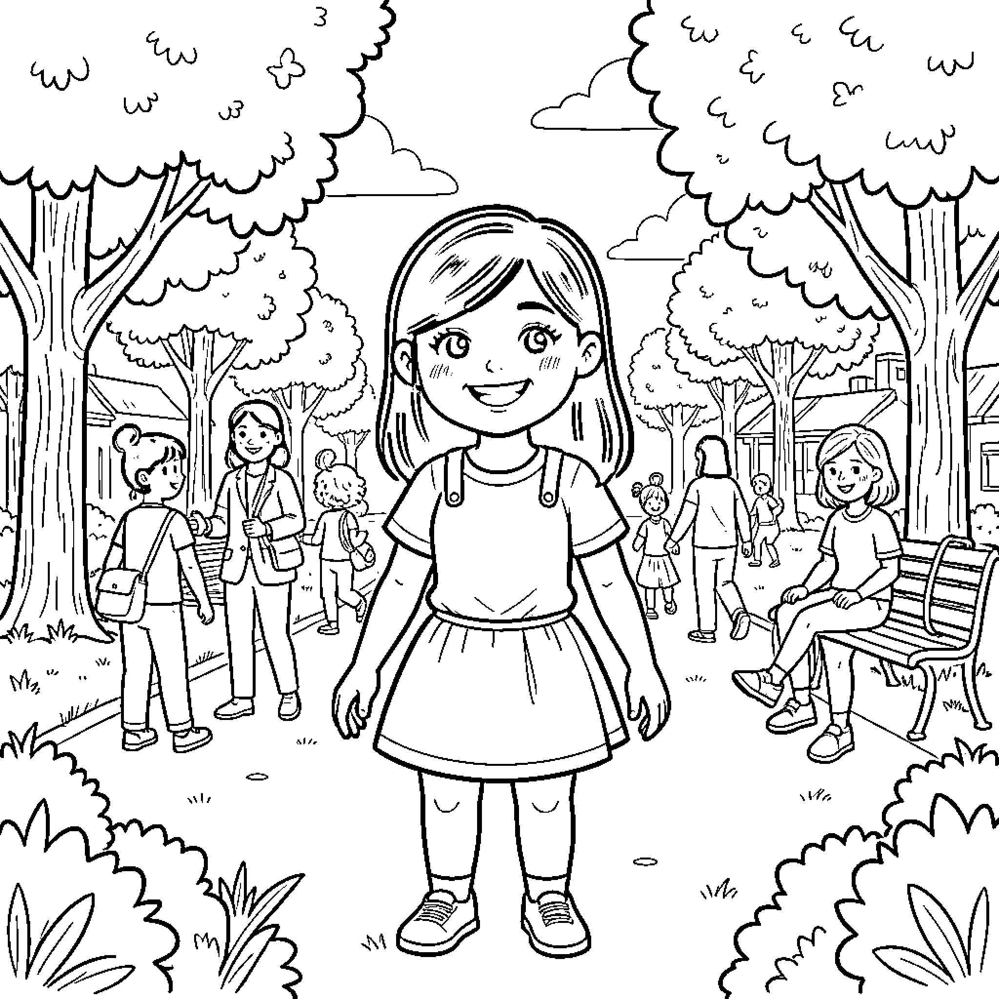 Lively girl enjoying the park scenery Coloring Page (free black-and-white line drawing printable PDF for all, from beginners to advanced learners, including children, teens, adults, and seniors)