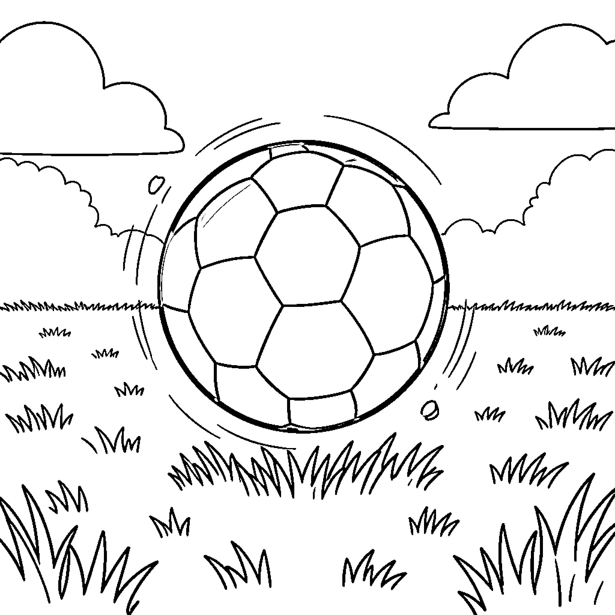 Ball rolling on grassy field with cloudy sky Coloring Page (free black-and-white line drawing printable PDF for all, from beginners to advanced learners, including children, teens, adults, and seniors)