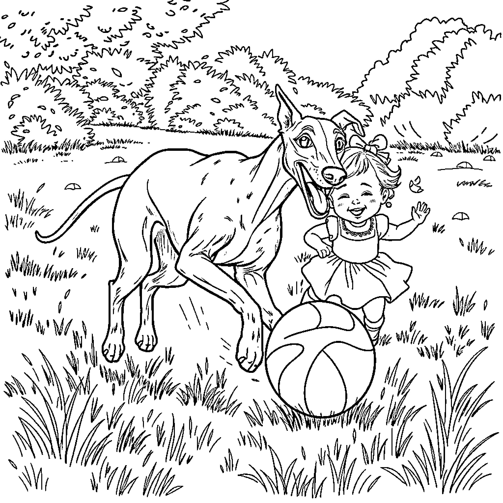 Greyhound and child playing happily in the park Coloring Page (free black-and-white line drawing printable PDF for all, from beginners to advanced learners, including children, teens, adults, and seniors)