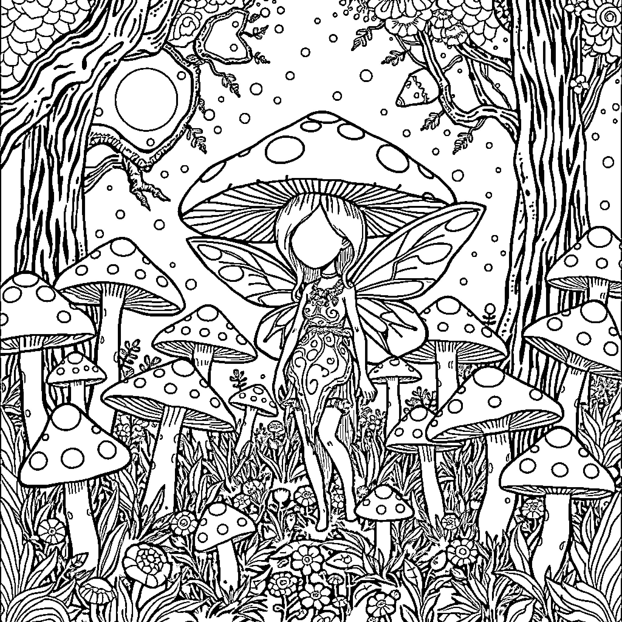Toadstool Fairy in Magical Mushroom Forest Coloring Page (free black-and-white line drawing printable PDF for all, from beginners to advanced learners, including children, teens, adults, and seniors)