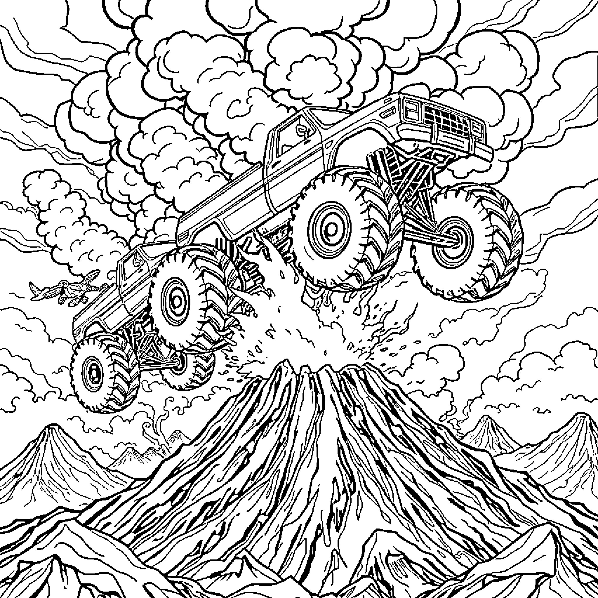Monster Truck Jumping Over Rugged Terrain Coloring Page (free black-and-white line drawing printable PDF for all, from beginners to advanced learners, including children, teens, adults, and seniors)