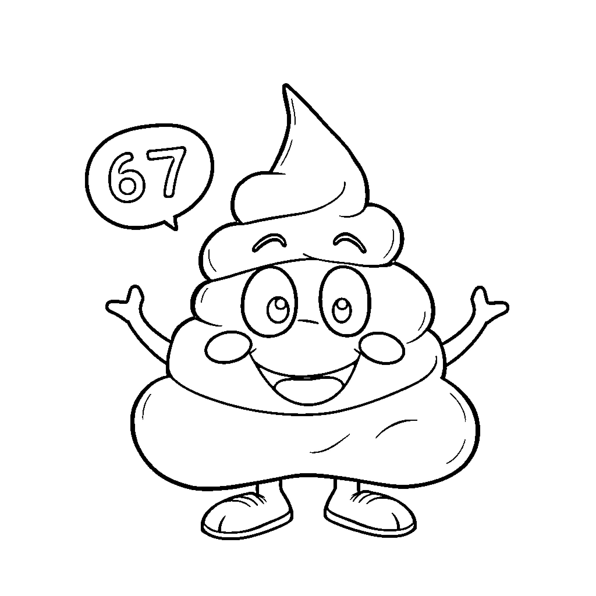 Poop number 67 with happy expression Coloring Page (free black-and-white line drawing printable PDF for all, from beginners to advanced learners, including children, teens, adults, and seniors)