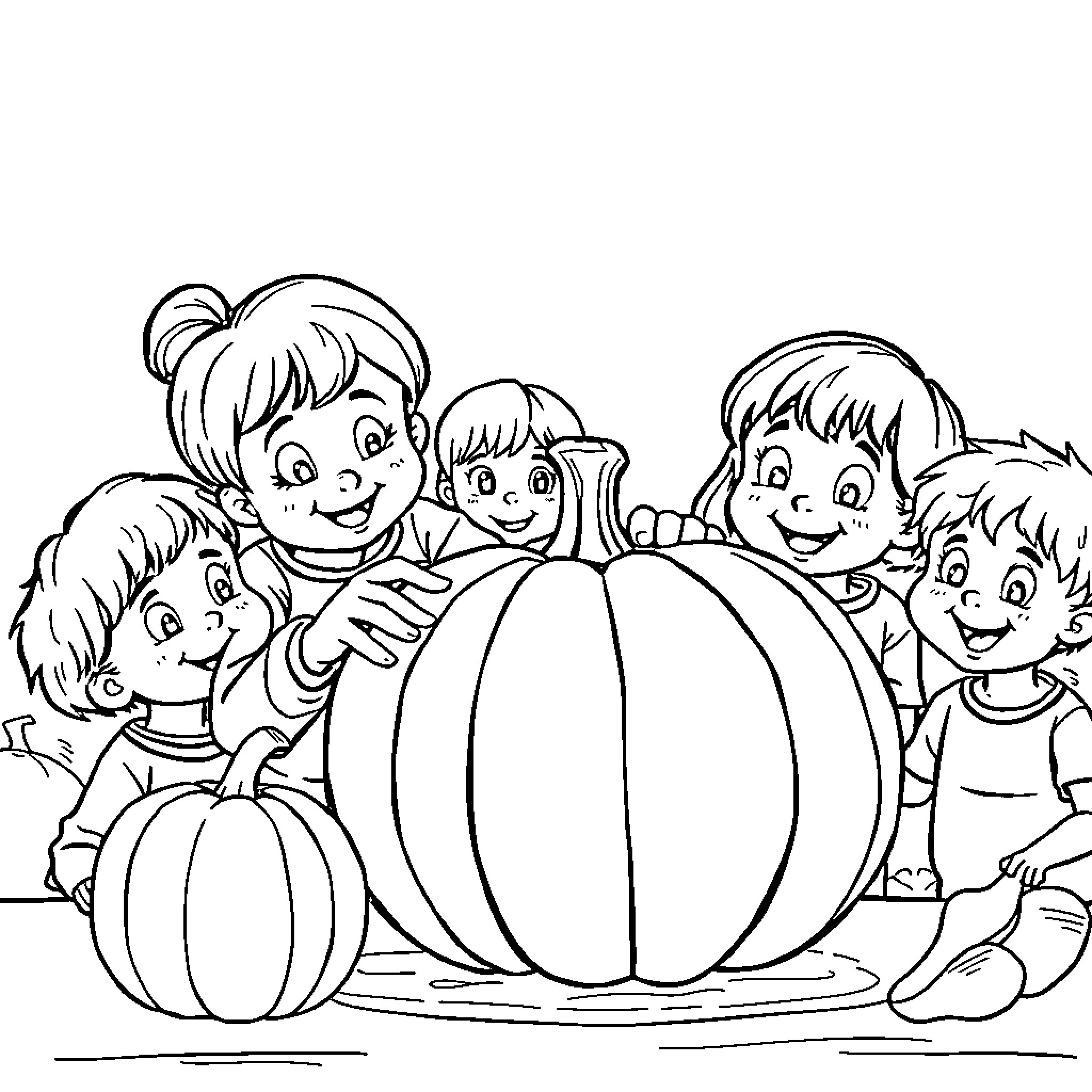 Teacher and students exploring pumpkins together Coloring Page (free black-and-white line drawing printable PDF for all, from beginners to advanced learners, including children, teens, adults, and seniors)